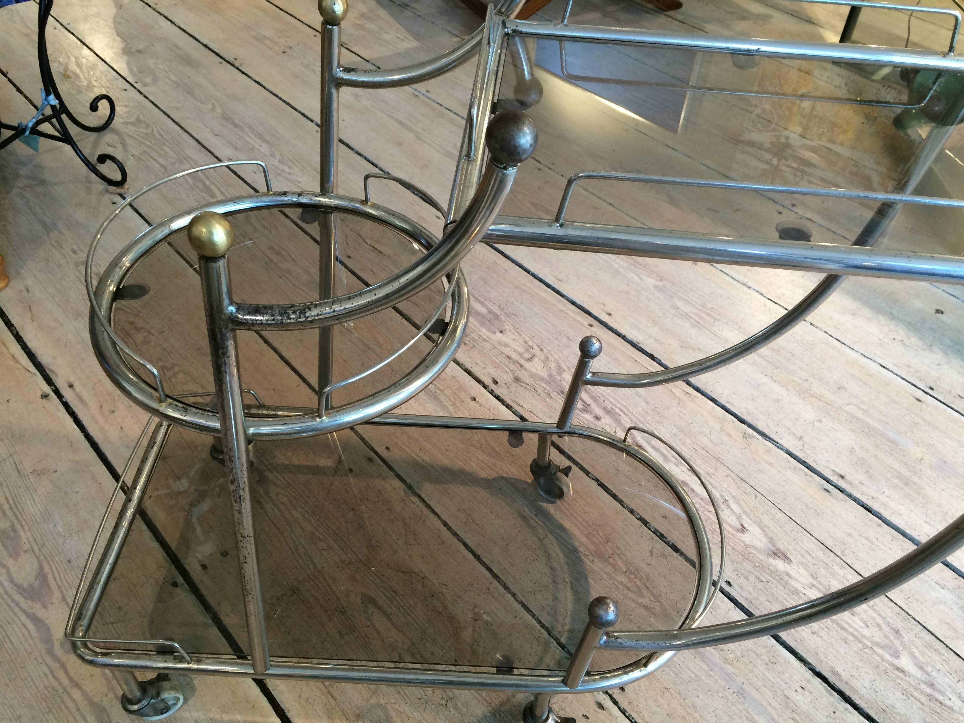 20th Century Mid-Century Modern Steel Bar Cart with Smoked Glass Shelves