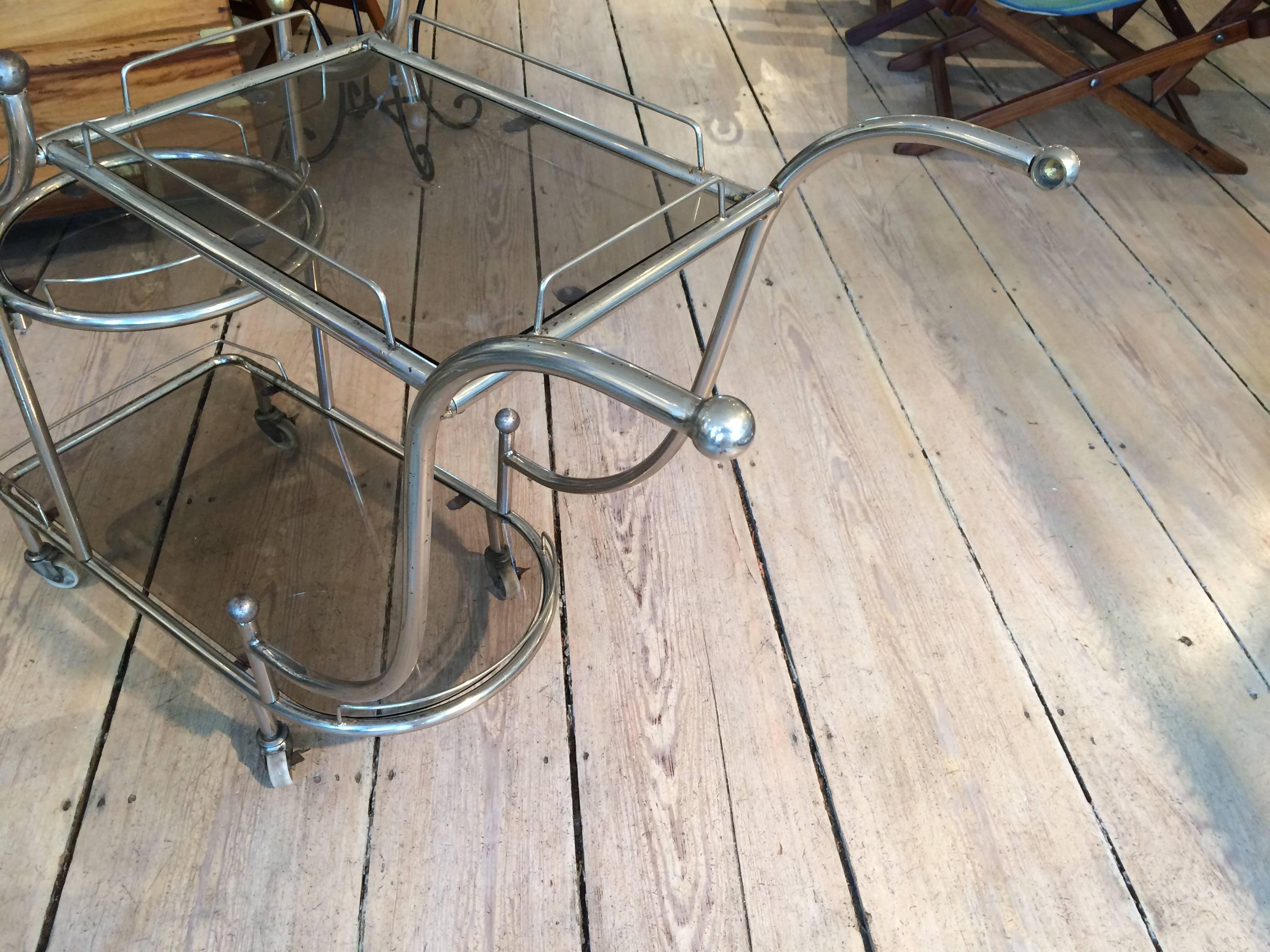 Mid-Century Modern Steel Bar Cart with Smoked Glass Shelves 2