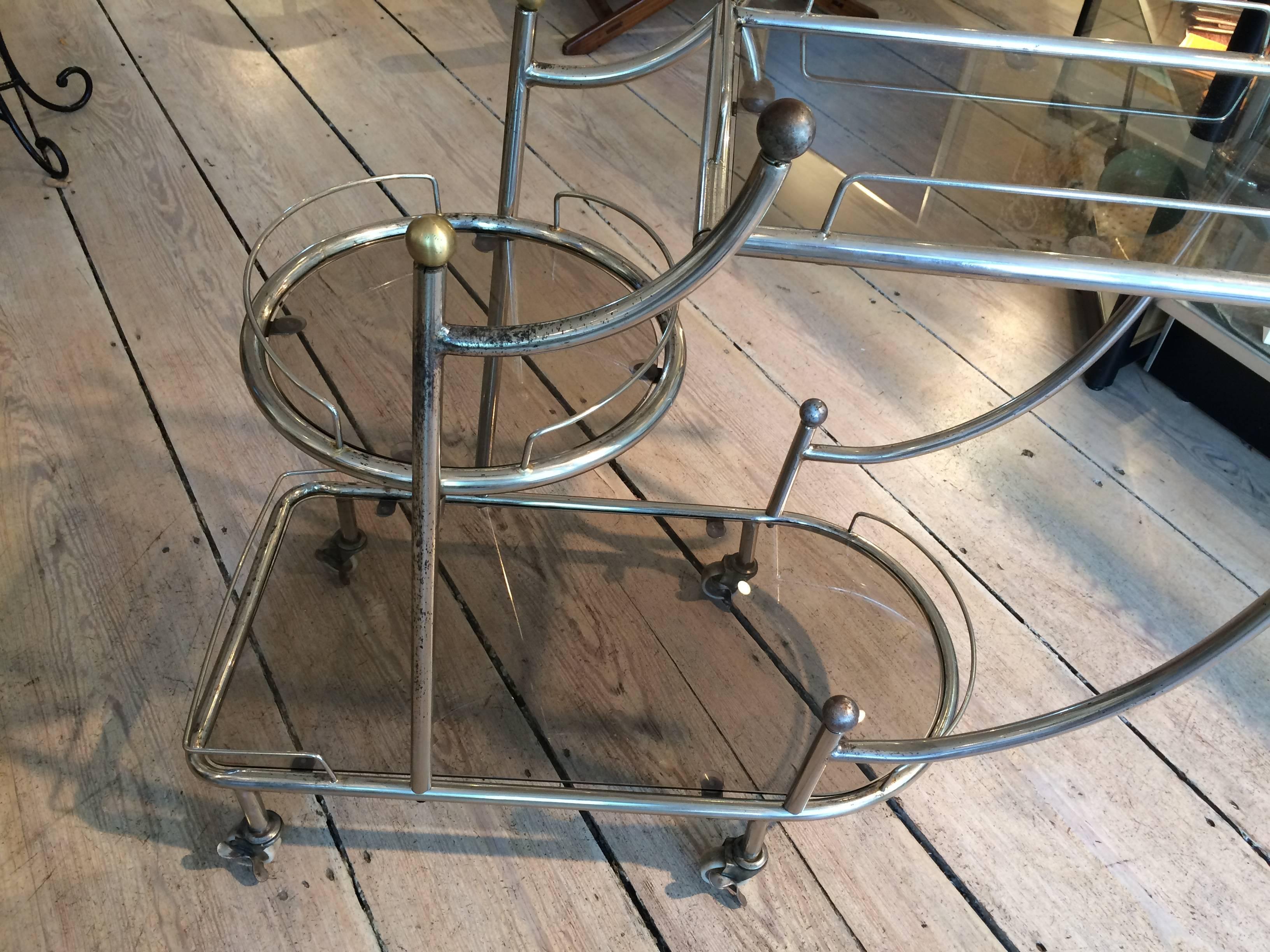 Mid-Century Modern Steel Bar Cart with Smoked Glass Shelves 3