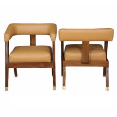 Coppia di poltrone in teak e pelle in stile Mid-Century Modern a forma di U