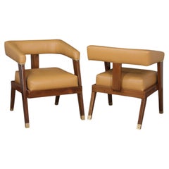 Coppia di poltrone in teak e pelle in stile Mid-Century Modern a forma di U