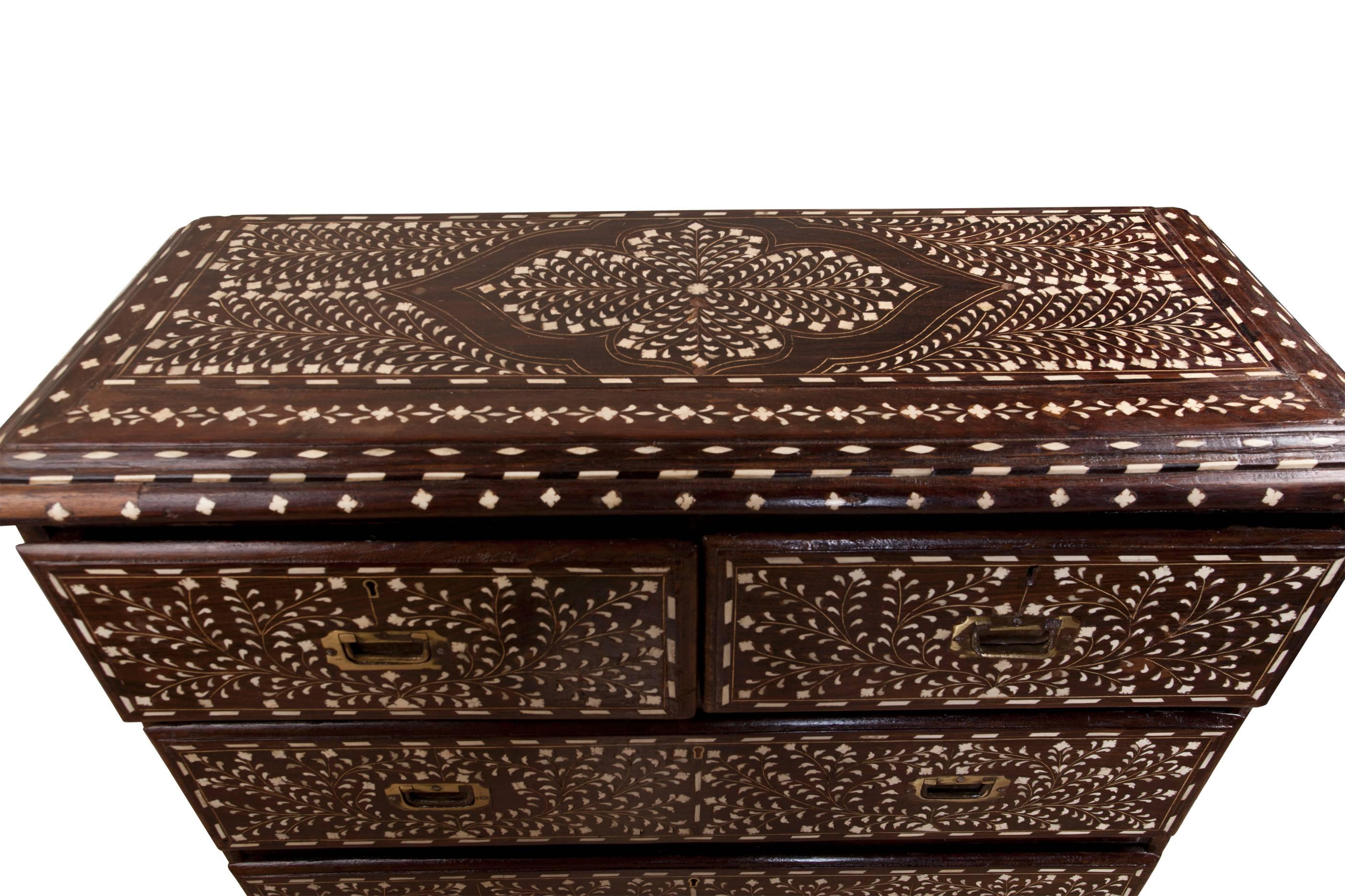 Indian Rosewood Campaign Chest of Drawers with Exceptional Bone Inlay