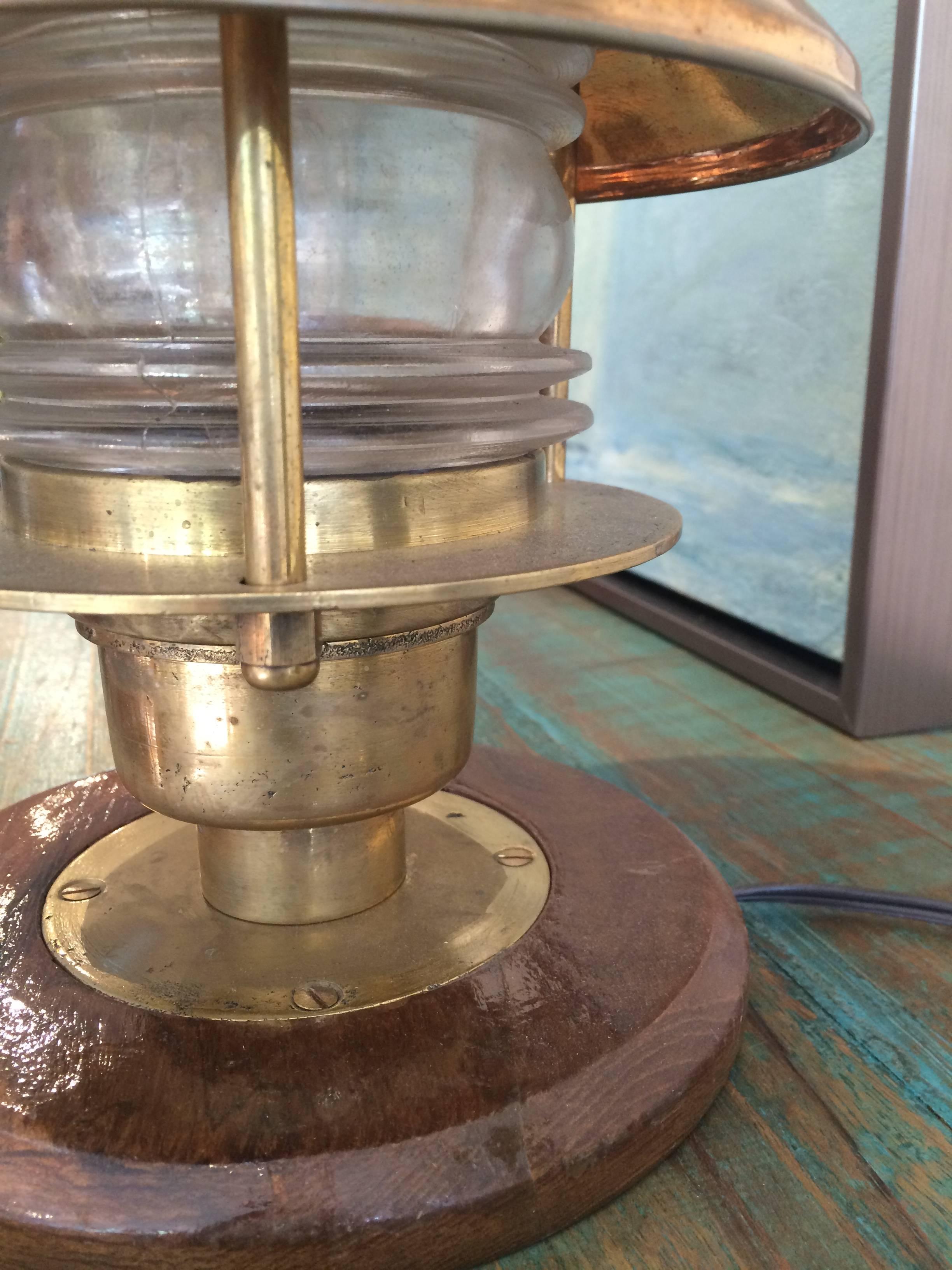 Industrial Pair of Ship's Copper and Brass Fresnel Light Post Lights