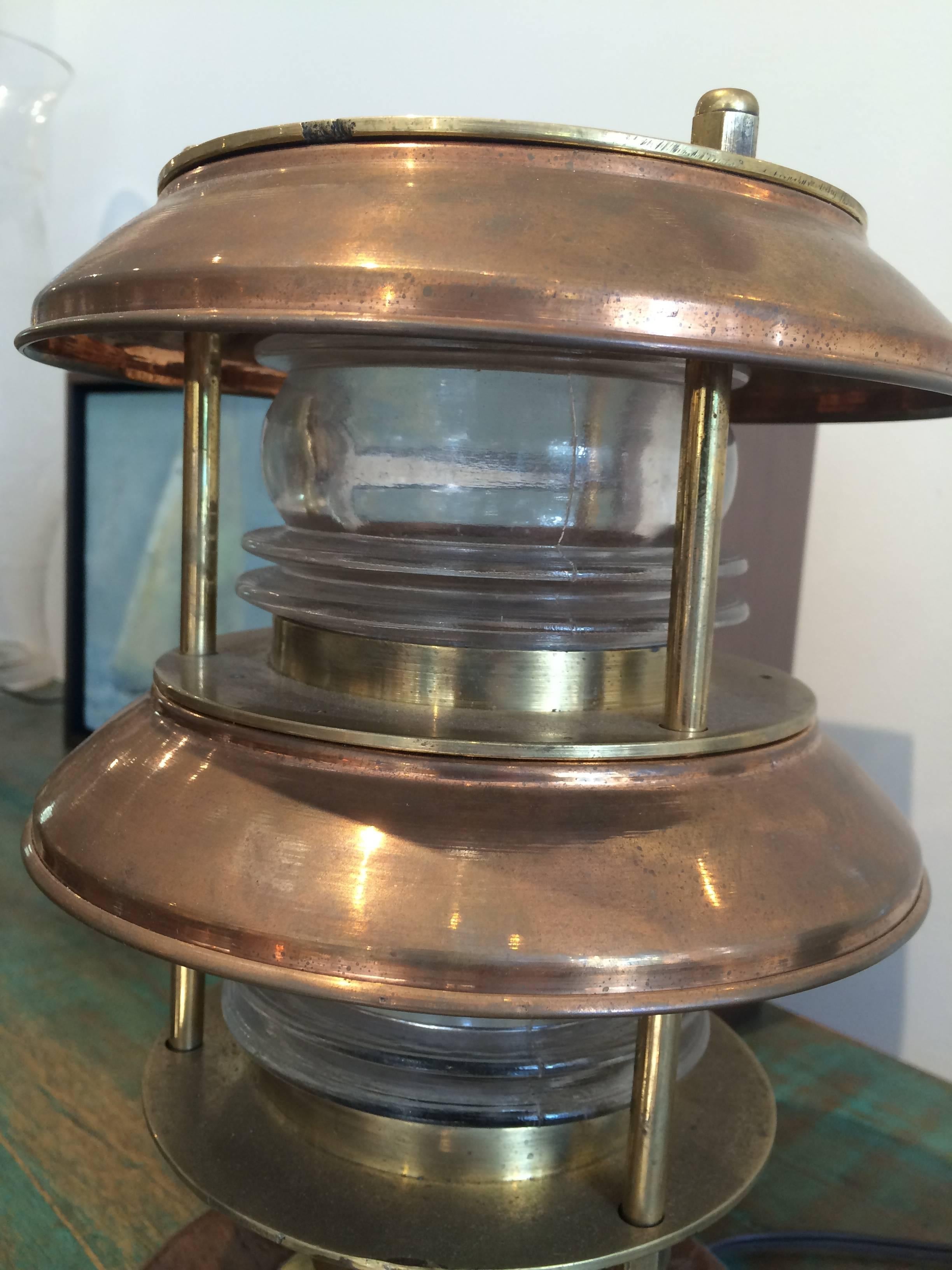 Pair of Ship's Copper and Brass Fresnel Light Post Lights In Excellent Condition In Nantucket, MA