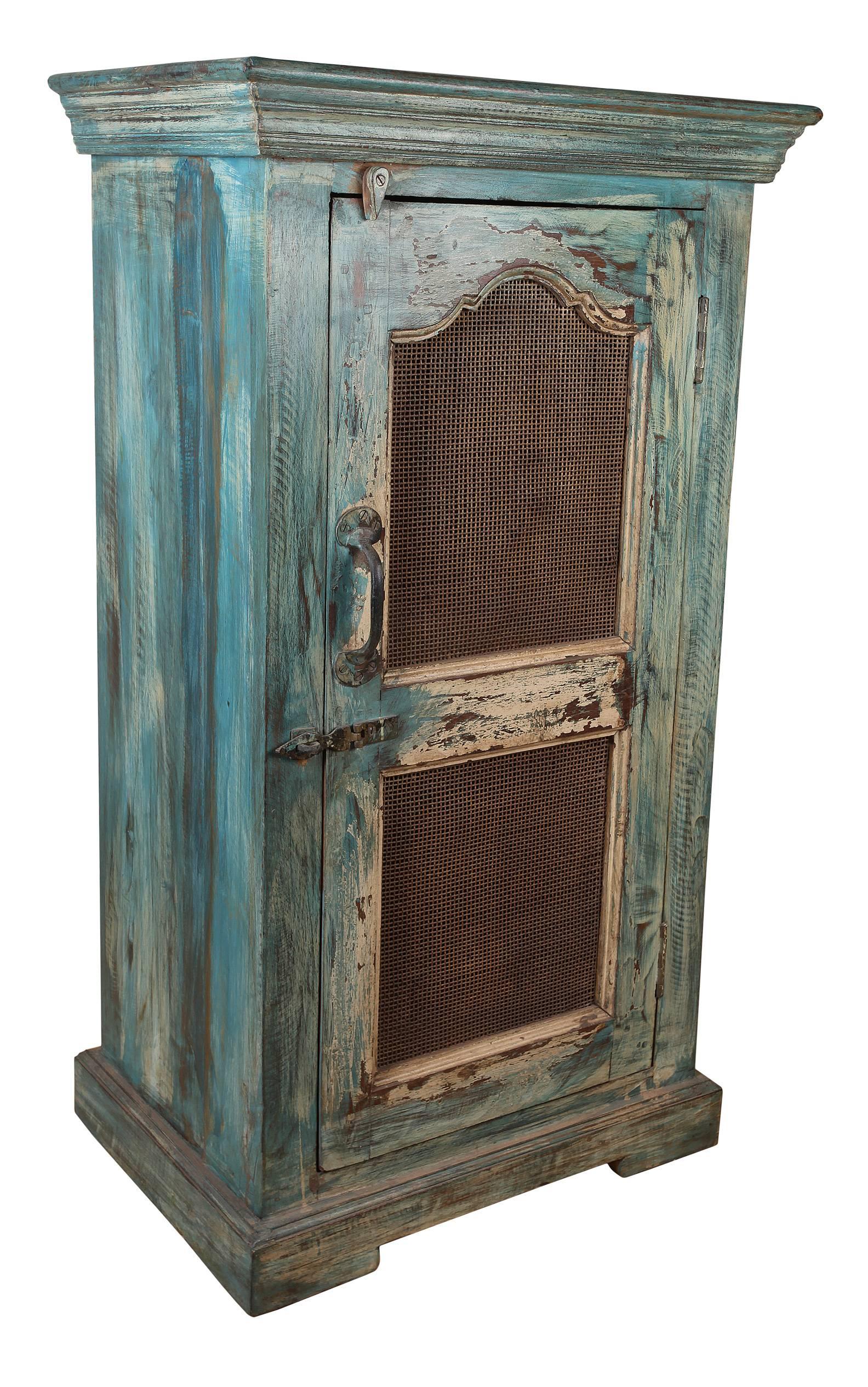 Pair of late 19th century screened window panels with original paint, converted to side cabinets using reclaimed architectural elements. Interior shelf. Great as bedsides or end tables. Left and right openings. Just the body dimensions without the