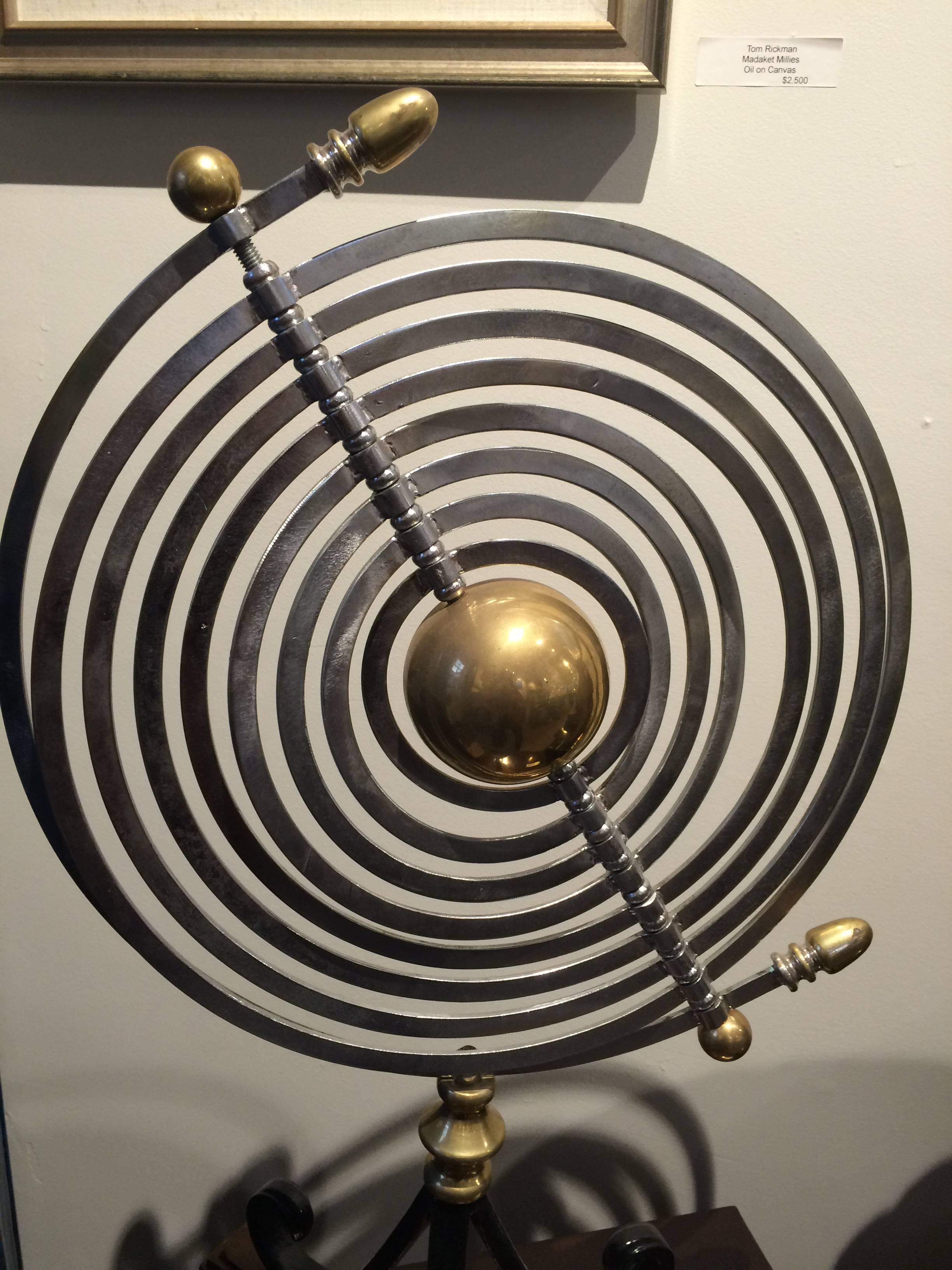 Chrome and Brass Armillary Celestial Kinetic Sculpture with Teak and Iron Base In Excellent Condition In Nantucket, MA