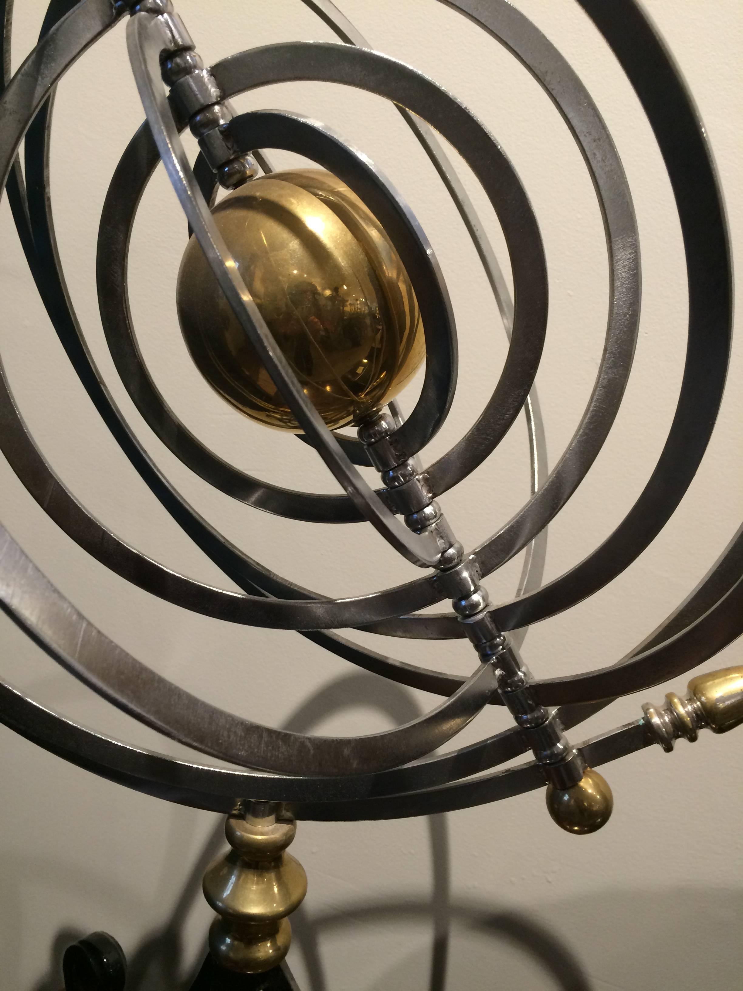 Chrome and Brass Armillary Celestial Kinetic Sculpture with Teak and Iron Base 2
