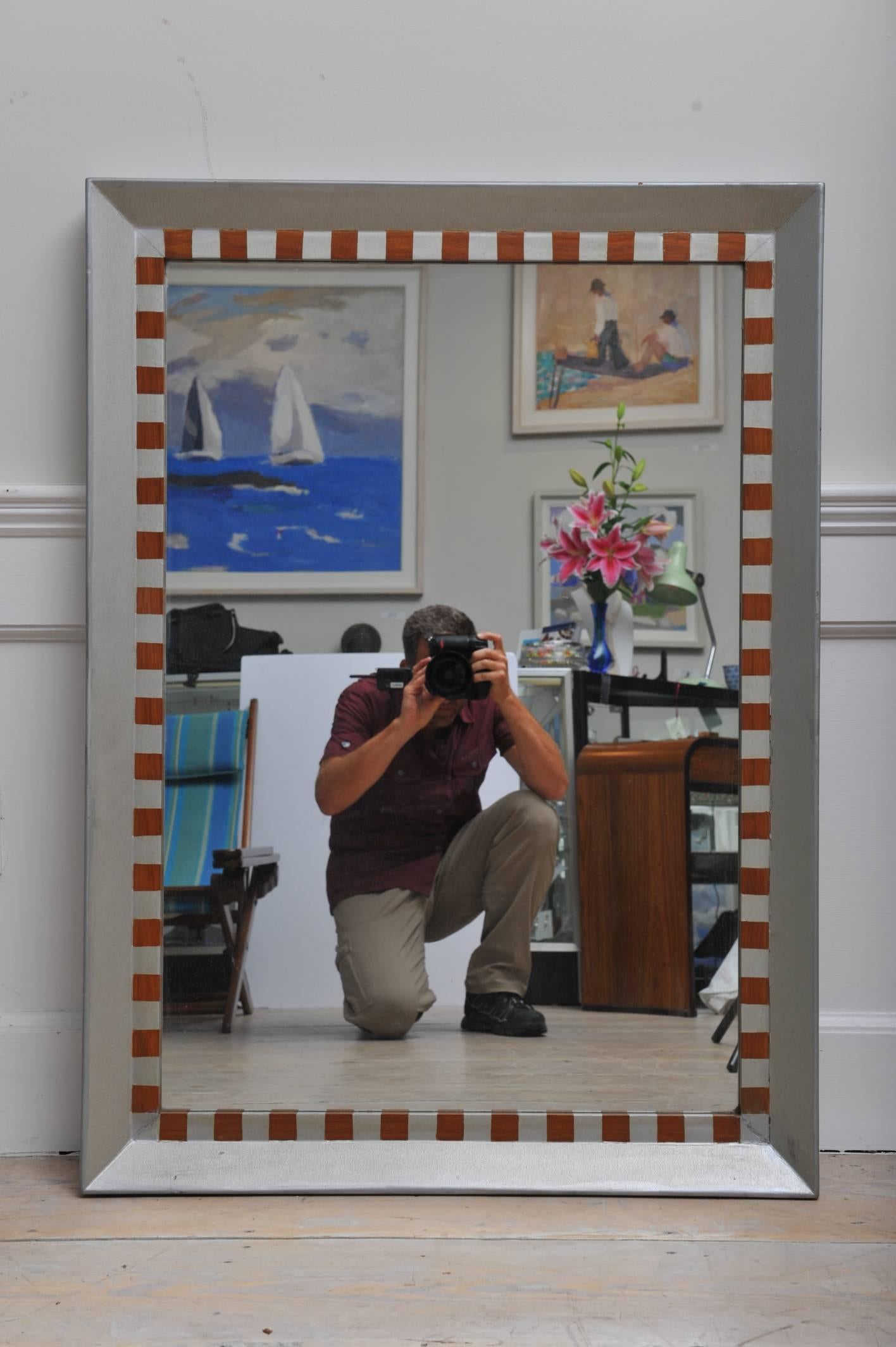 Painted Silver and Teak Nautical Wood Mirror from Ship's Stateroom, Mid-Century In Excellent Condition In Nantucket, MA