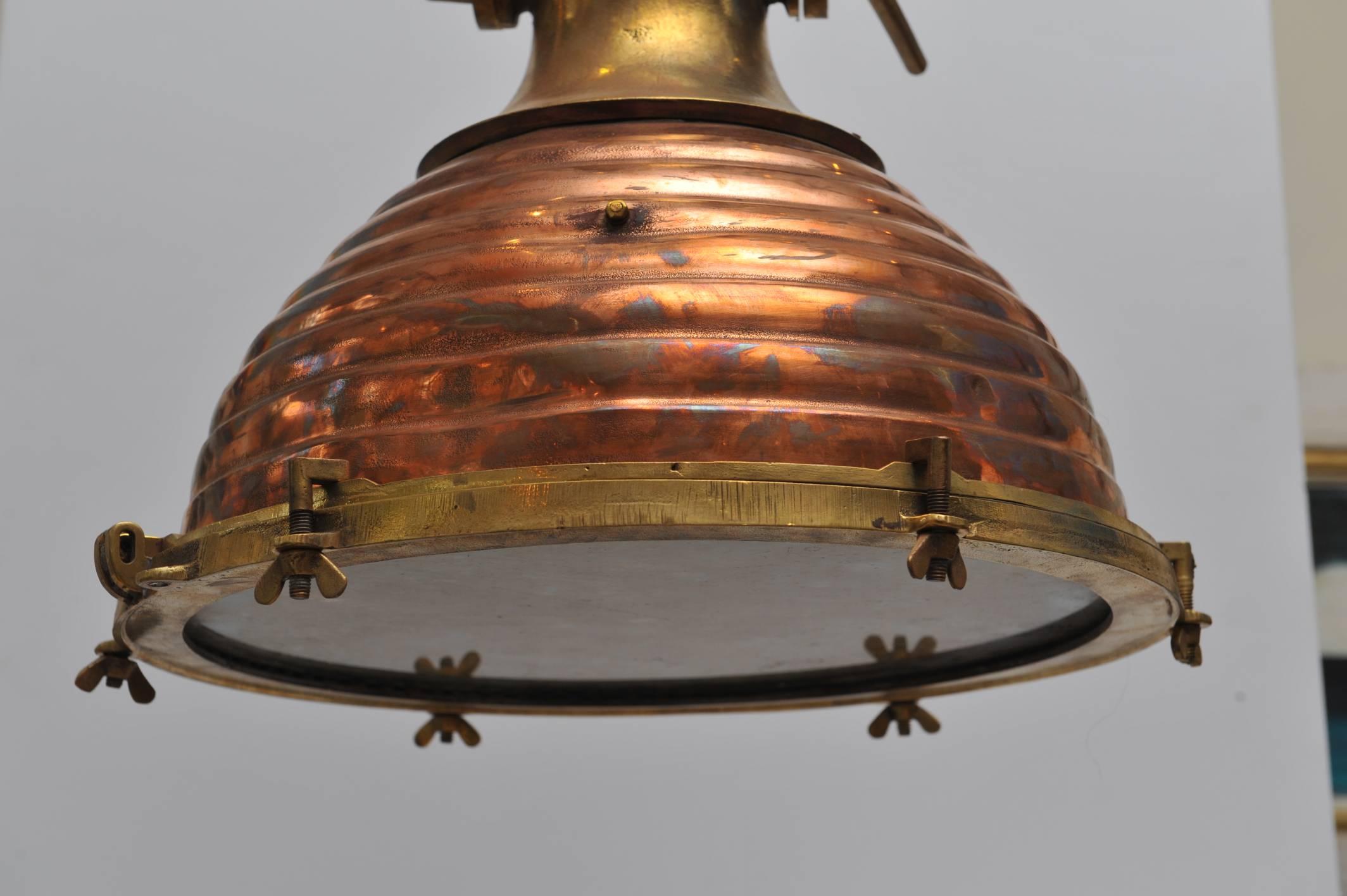 Pair of Rare Large Nautical Copper and Brass Ship's Deck Lights, Mid-Century In Good Condition In Nantucket, MA