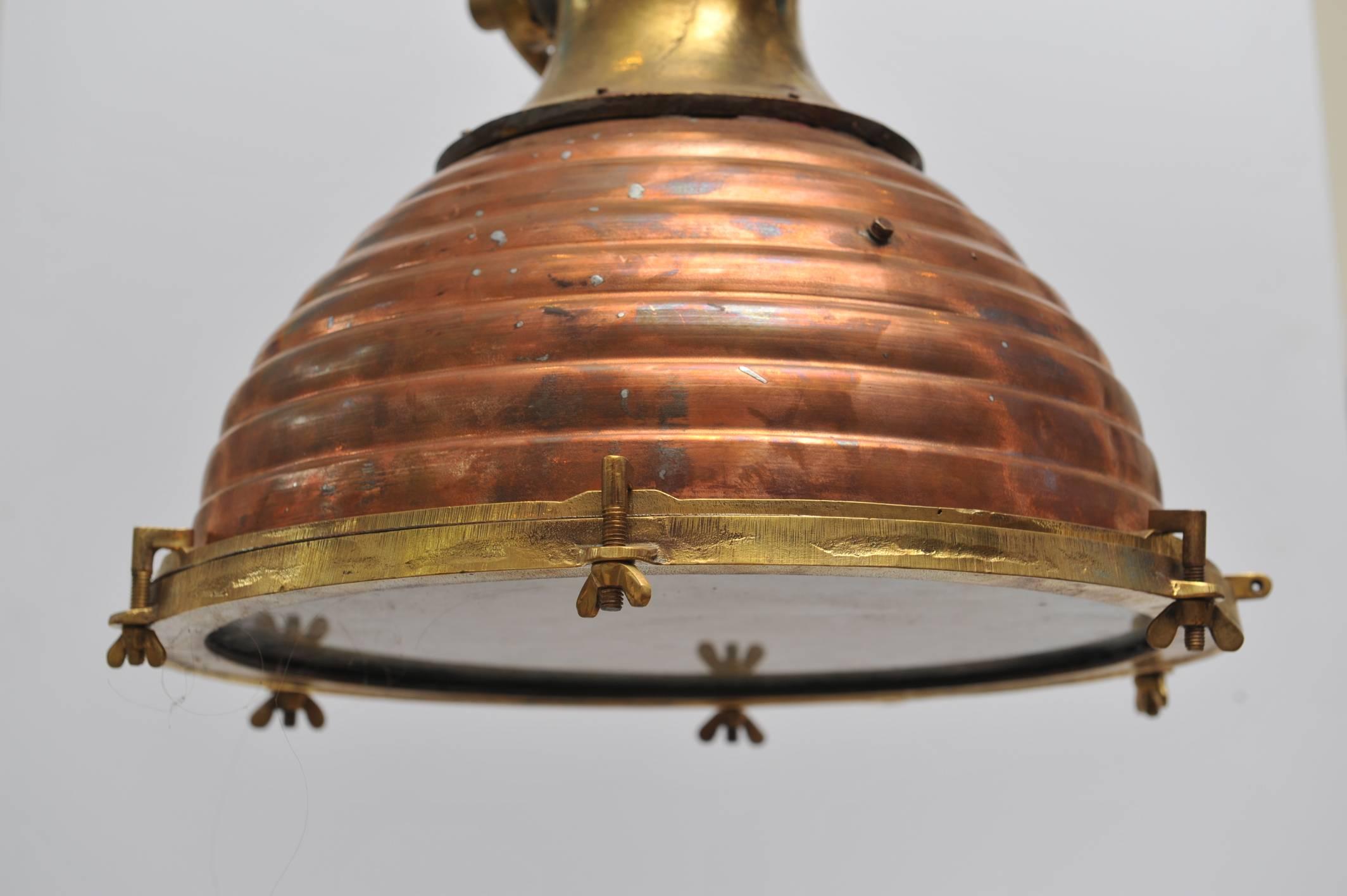 Pair of Rare Large Nautical Copper and Brass Ship's Deck Lights, Mid-Century 2