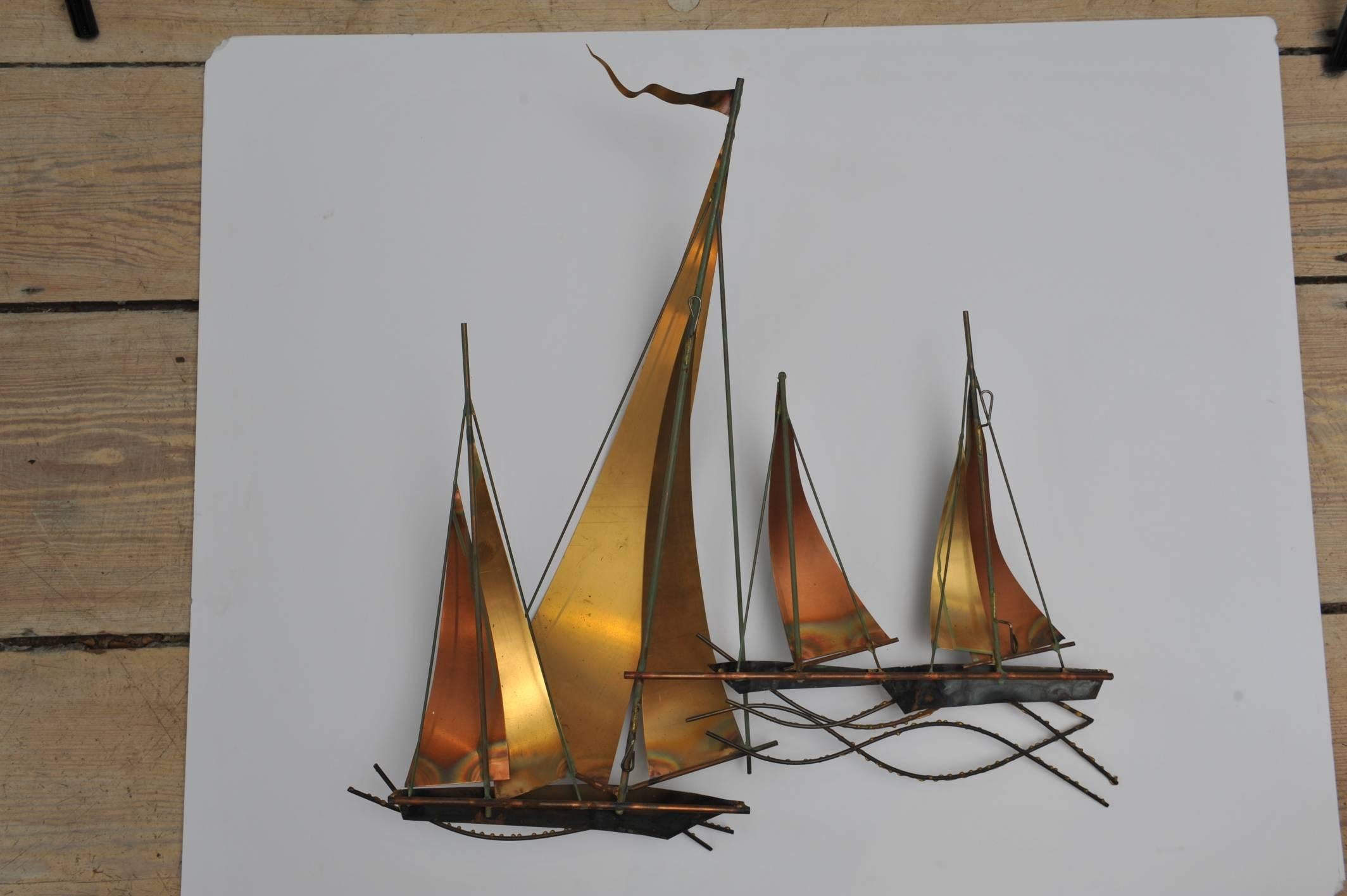 American Curtis Jeré Brutalist Period Nautical Sailboat Wall Sculpture, 1969