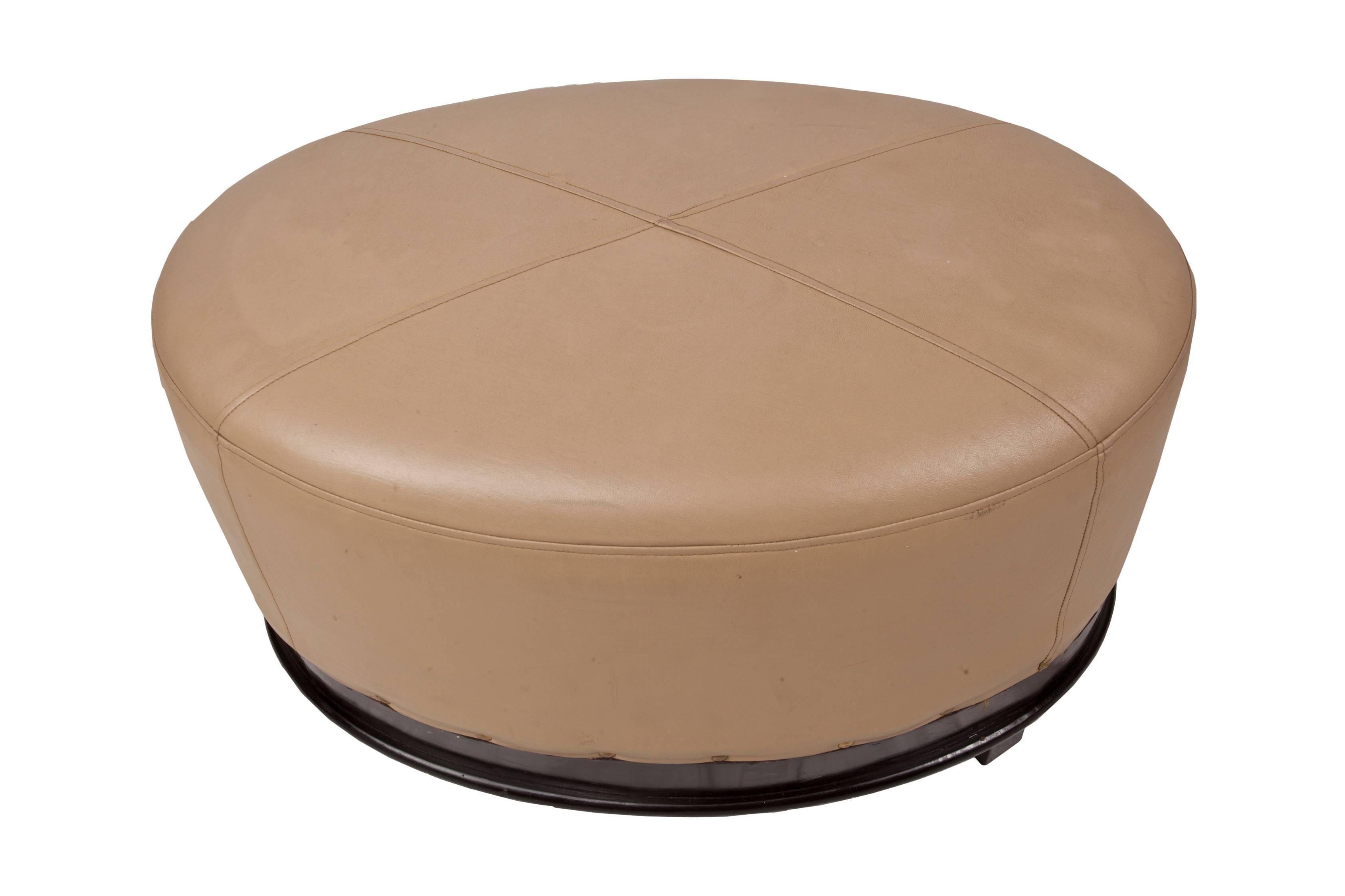Pair of Mid-Century Modern Tan Leather and Mahogany Ottomans In Good Condition In Nantucket, MA