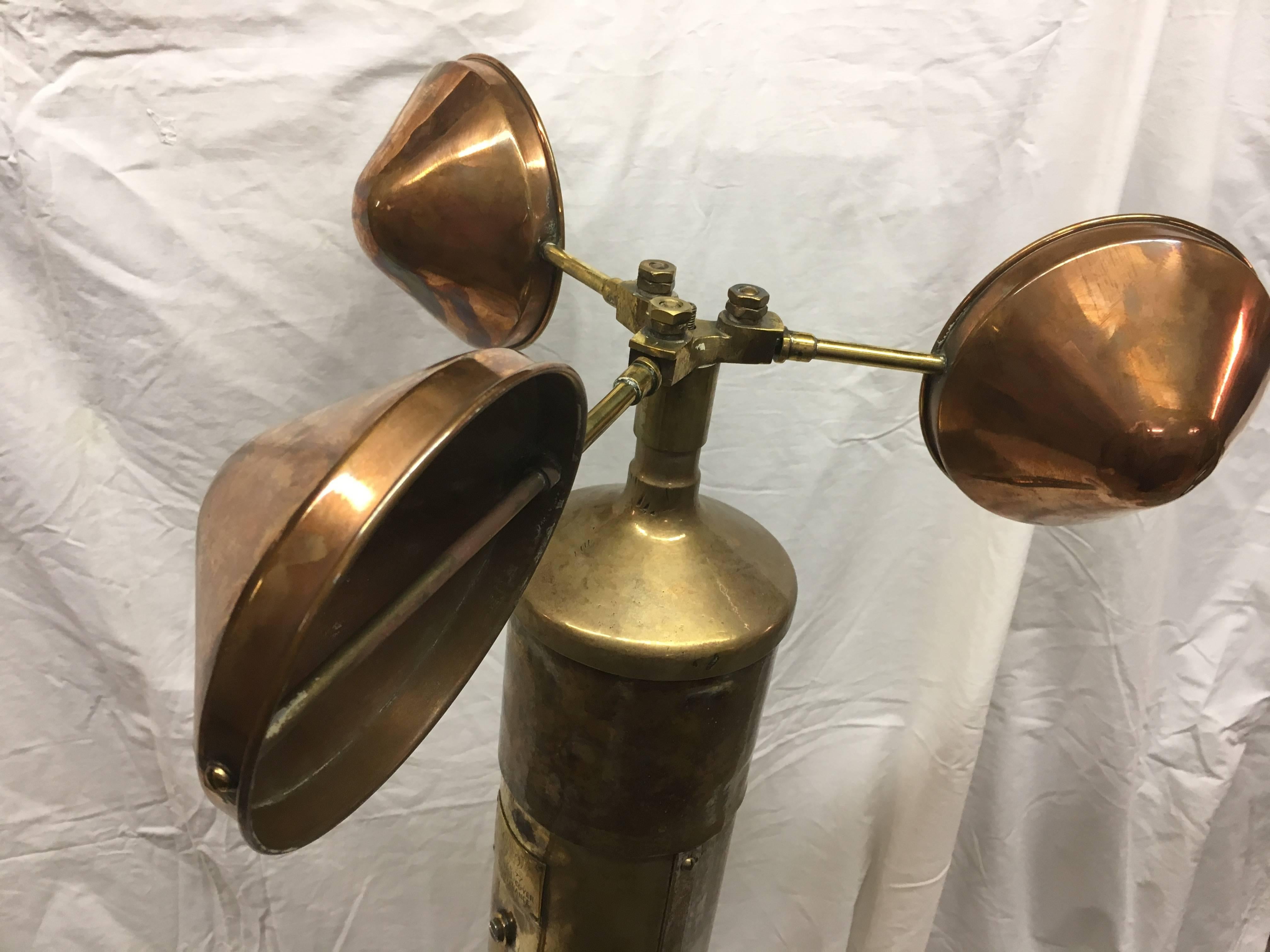 Industrial Rare Copper and Brass Ship's Anemometer Signed by Munro from London, 1970s