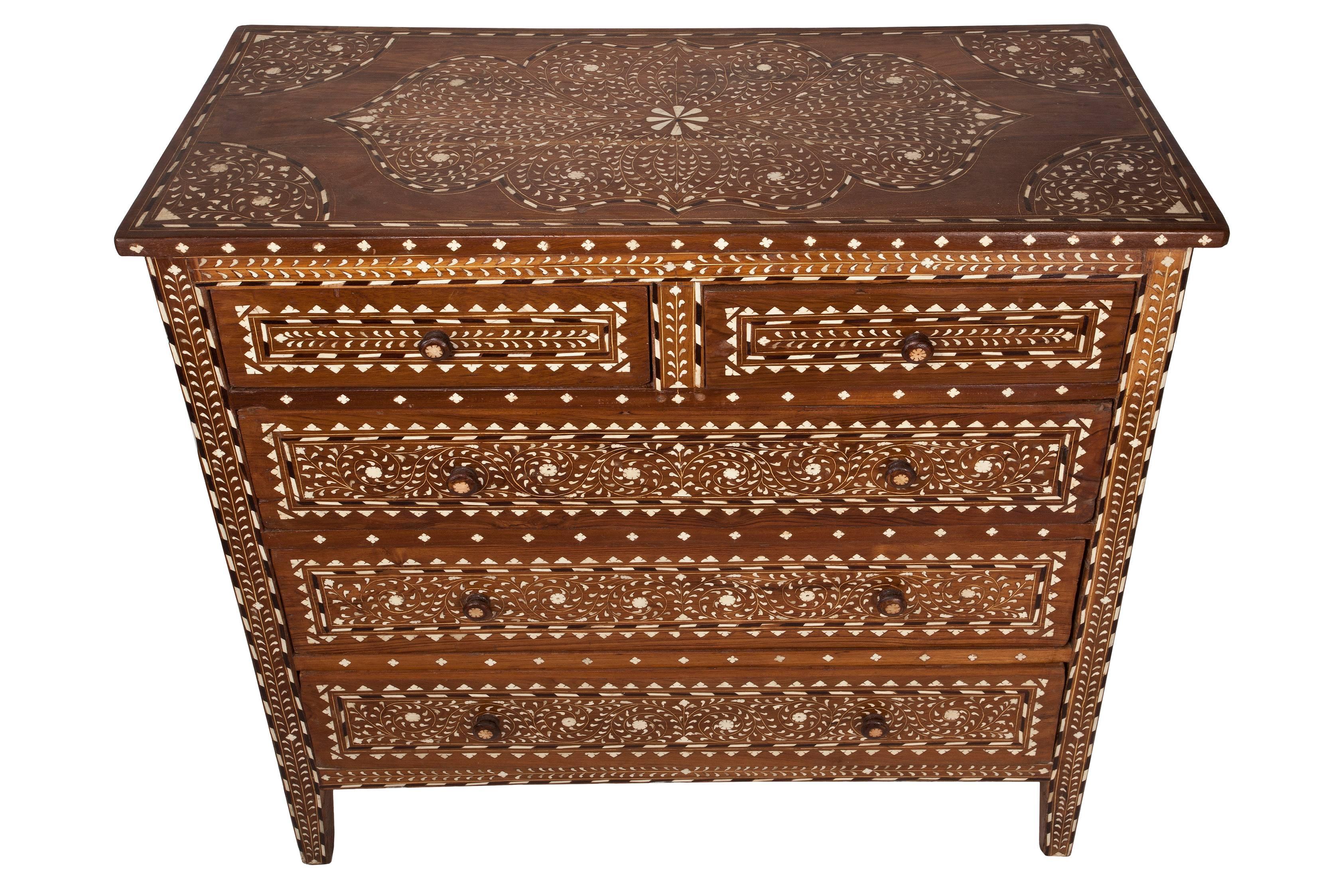 Indian Exceptional Early 1900s, Chest of Drawers with Bone and Rosewood Inlay, India