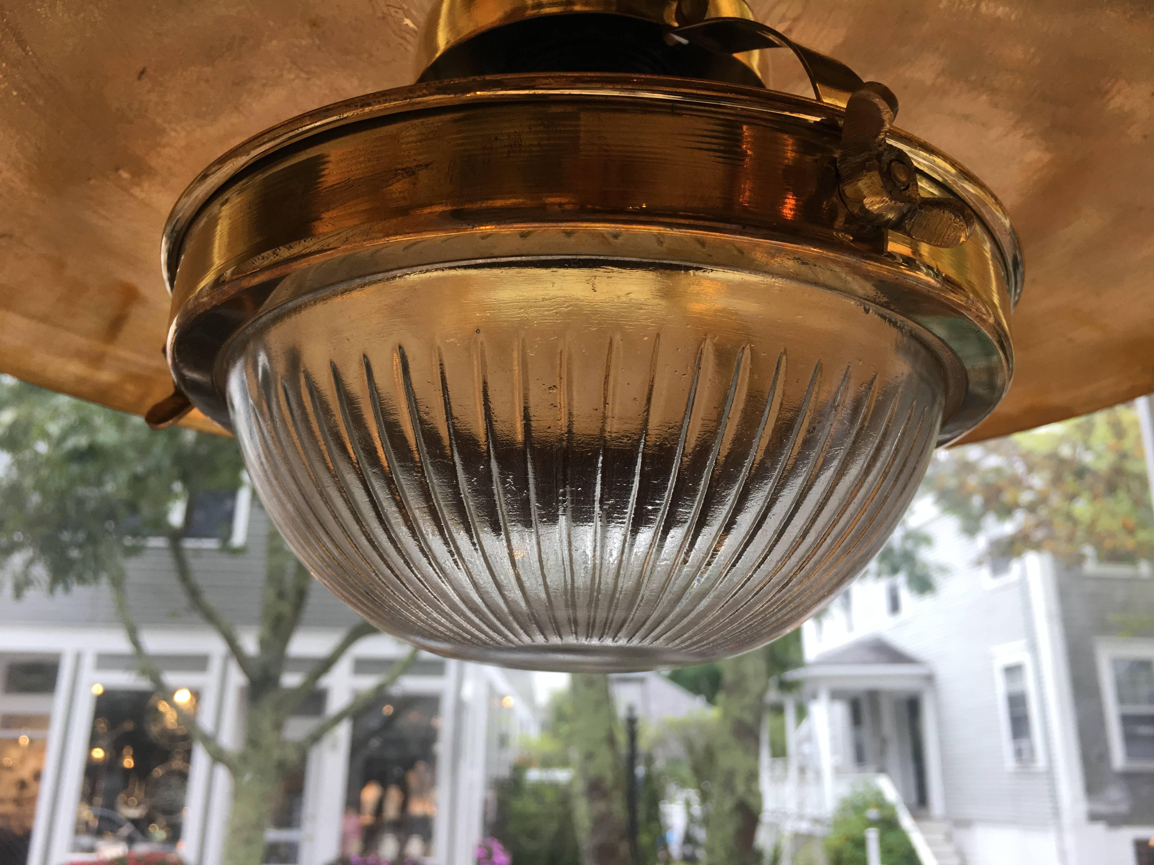 Pair of Brass Pendant Lights with Fresnel Glass Shade, Midcentury In Good Condition In Nantucket, MA