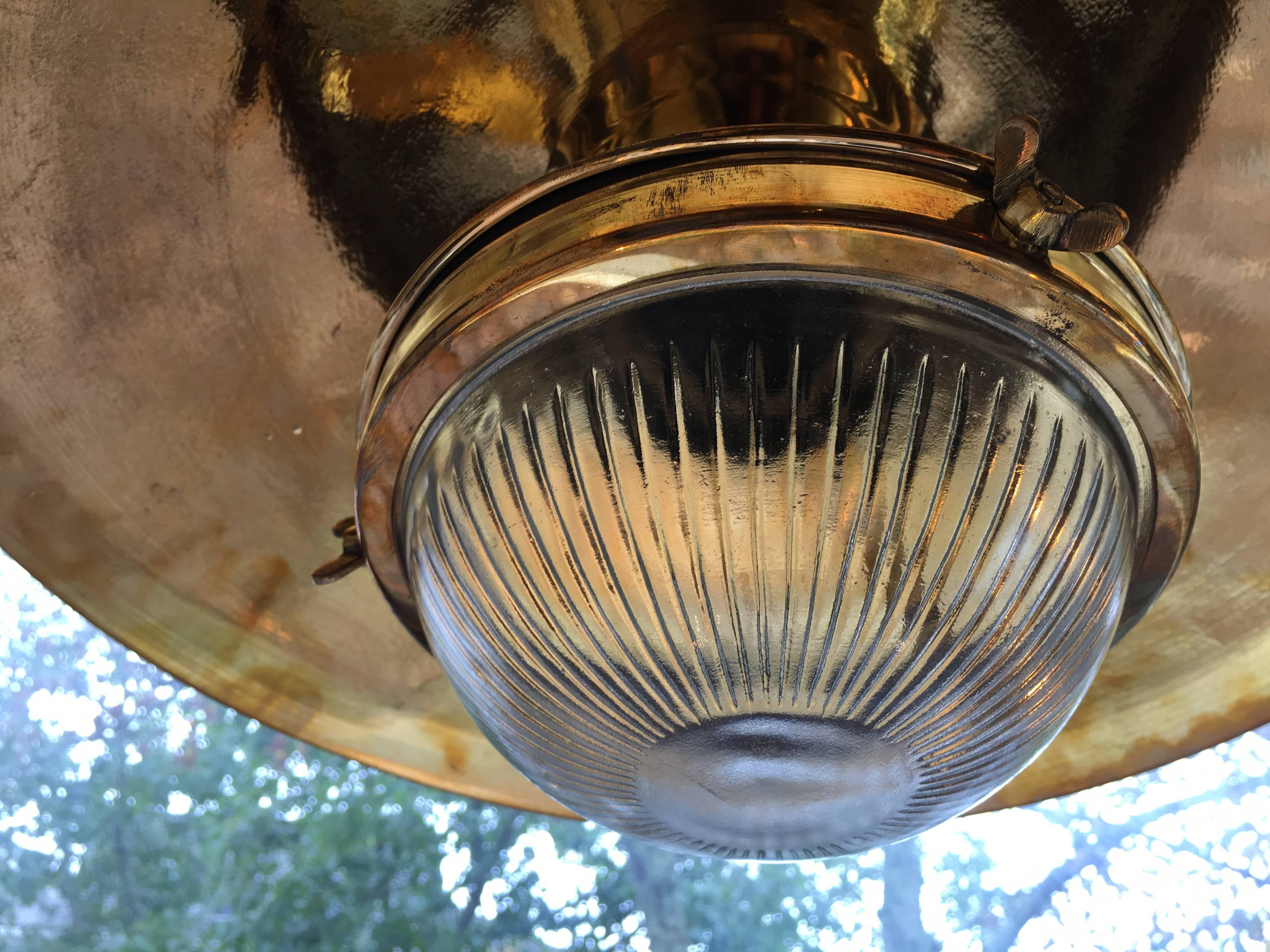 20th Century Pair of Brass Pendant Lights with Fresnel Glass Shade, Midcentury