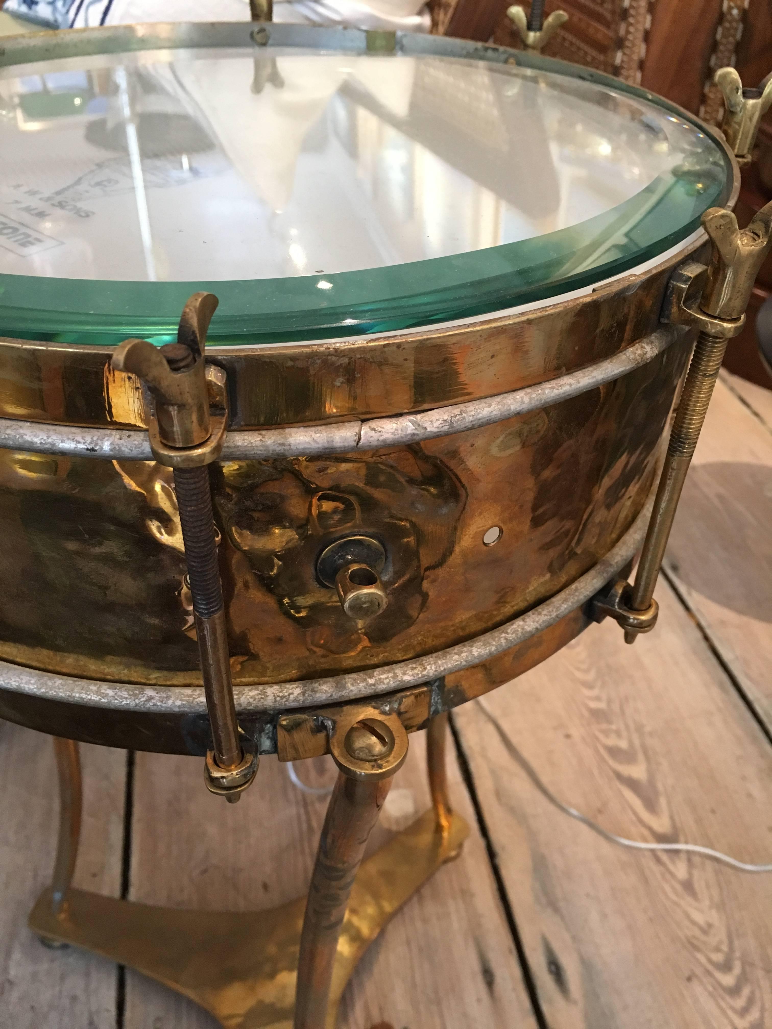 Solid Brass Military or Marching Band Snare Drum Converted to Table, Early 1900s In Good Condition In Nantucket, MA