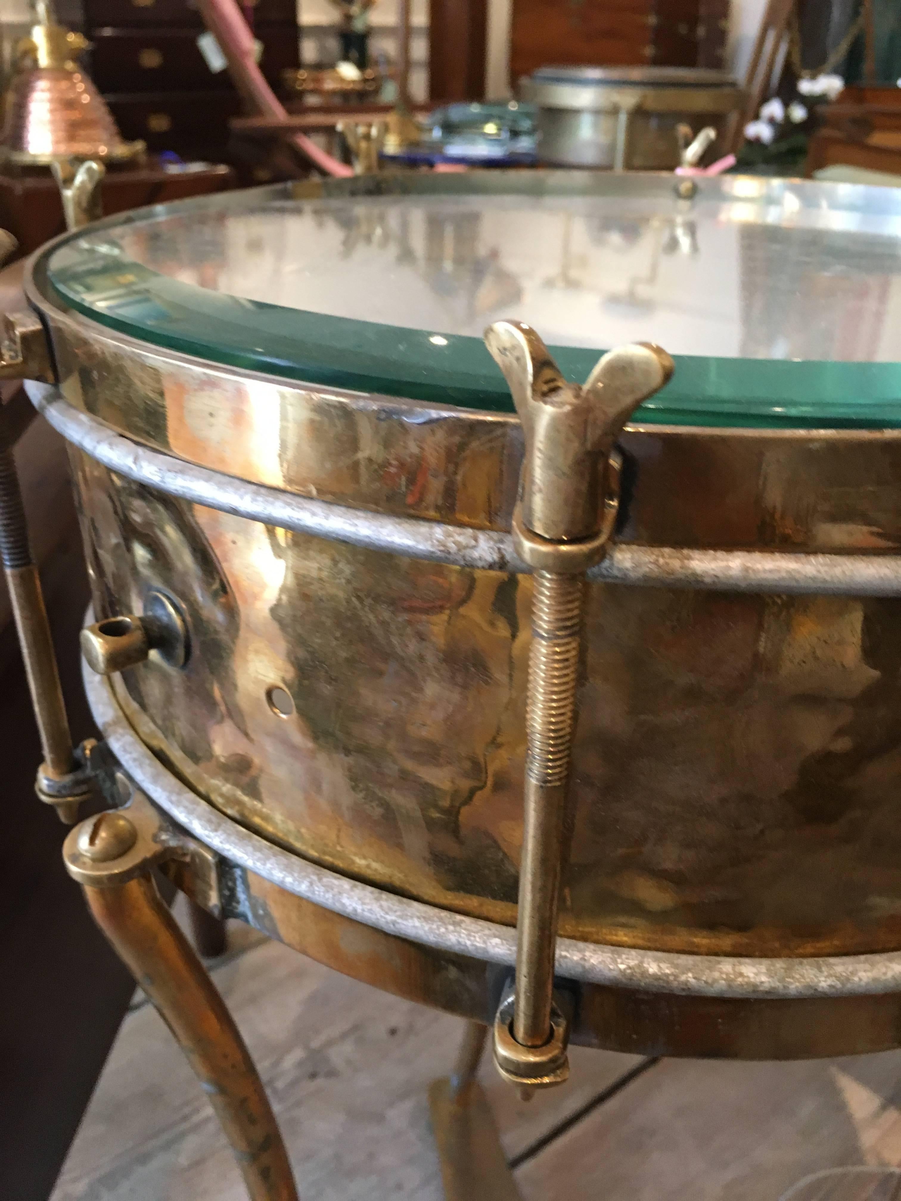 20th Century Solid Brass Military or Marching Band Snare Drum Converted to Table, Early 1900s