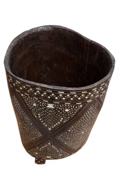 Finely Inlaid Large Teak Planter or Umbrella Stand, Nagaland, Early 20th Century