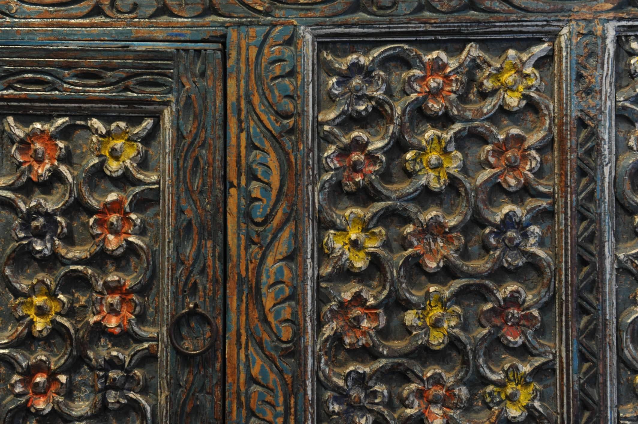Indian Late 19th Century Carved Floral Sideboard with Original Paint