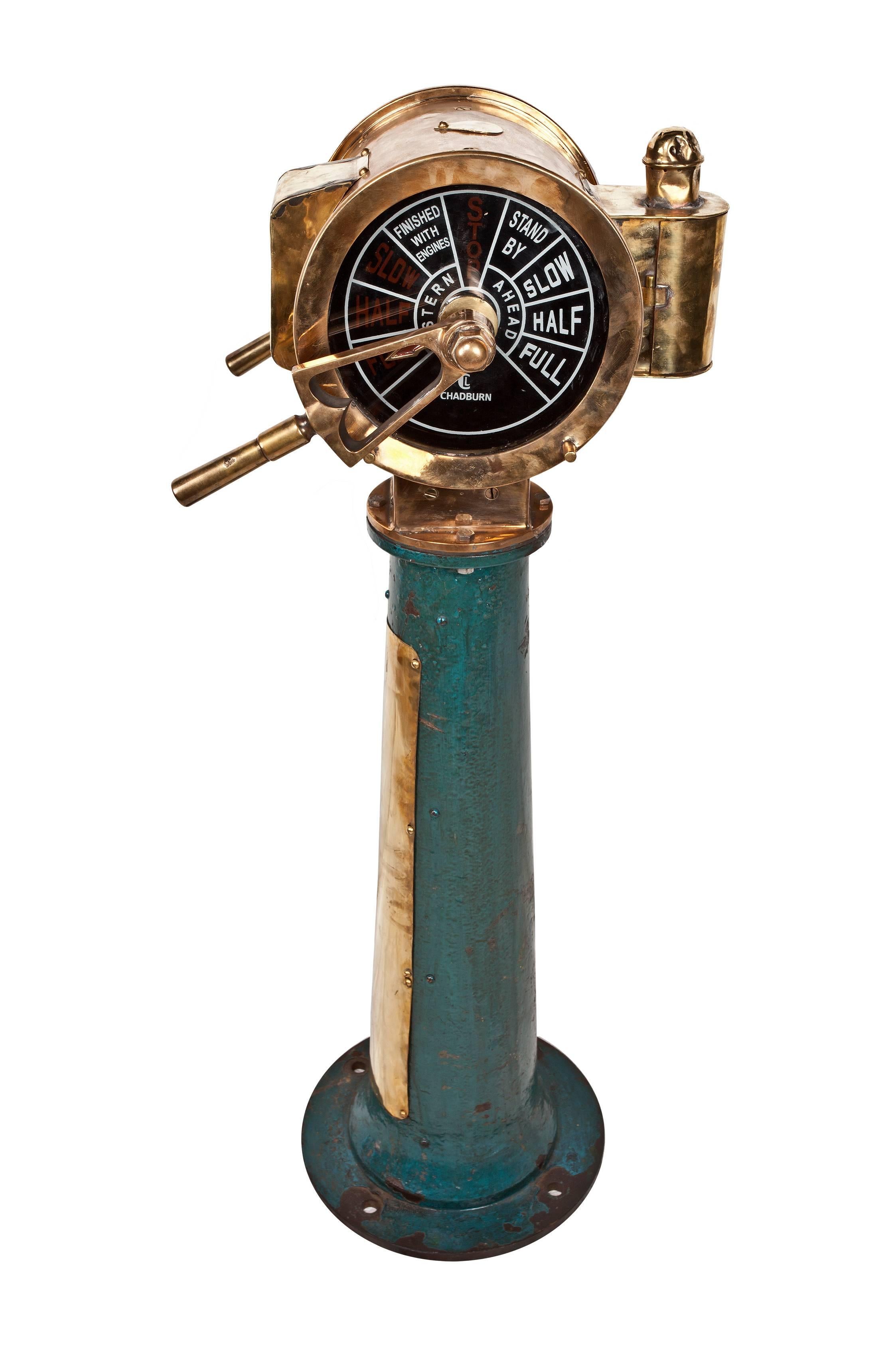 These ship's telegraphs are becoming rare. Modern ships don't use them any more as this is considered old-school technology. This is a double-sided dial, brass Chadburn ship's telegraph with an iron base with original paint. It rings when the handle