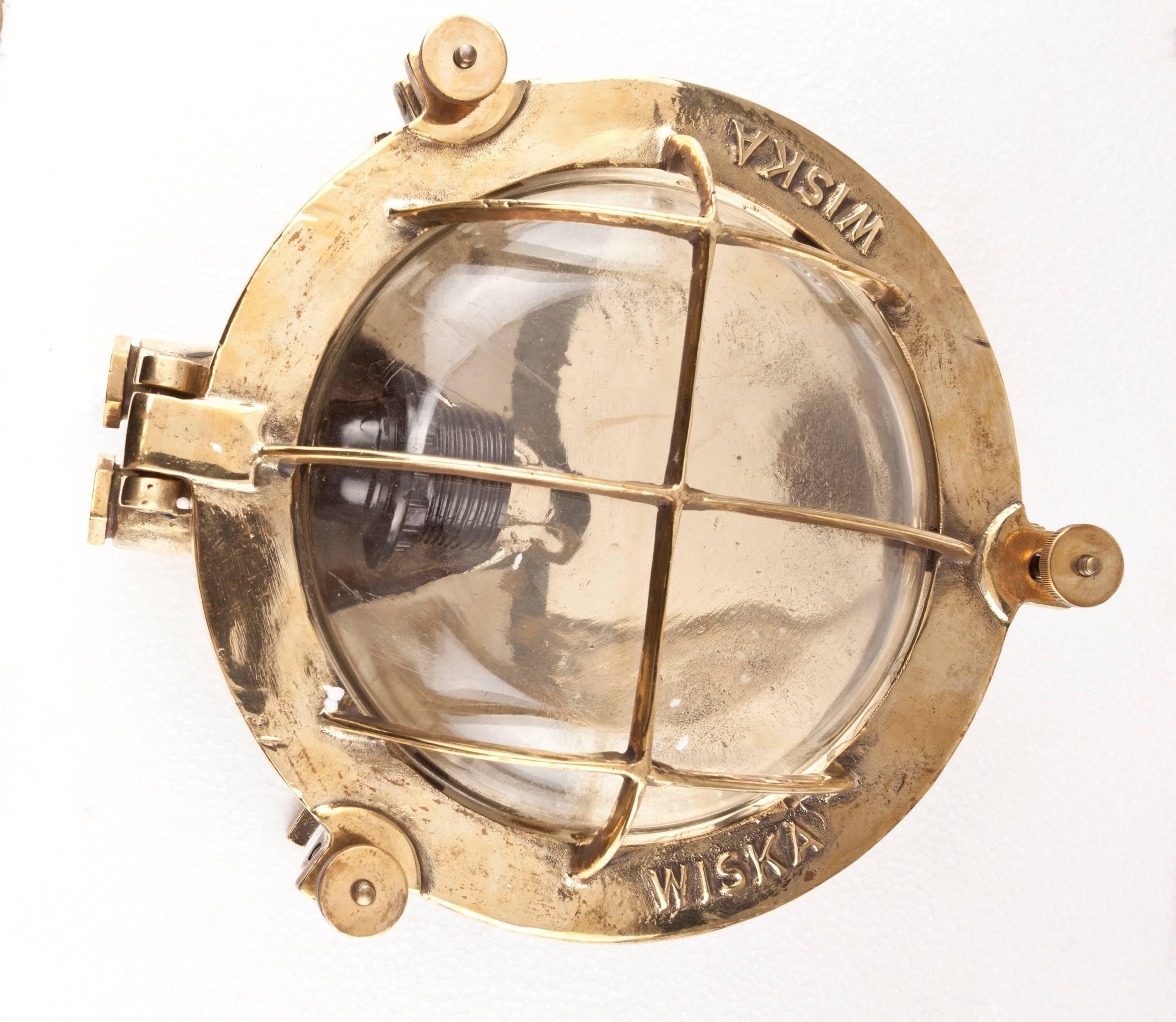 Industrial Pair of Ship's Nautical Brass Bulkhead Lights, Mid-Century Modern