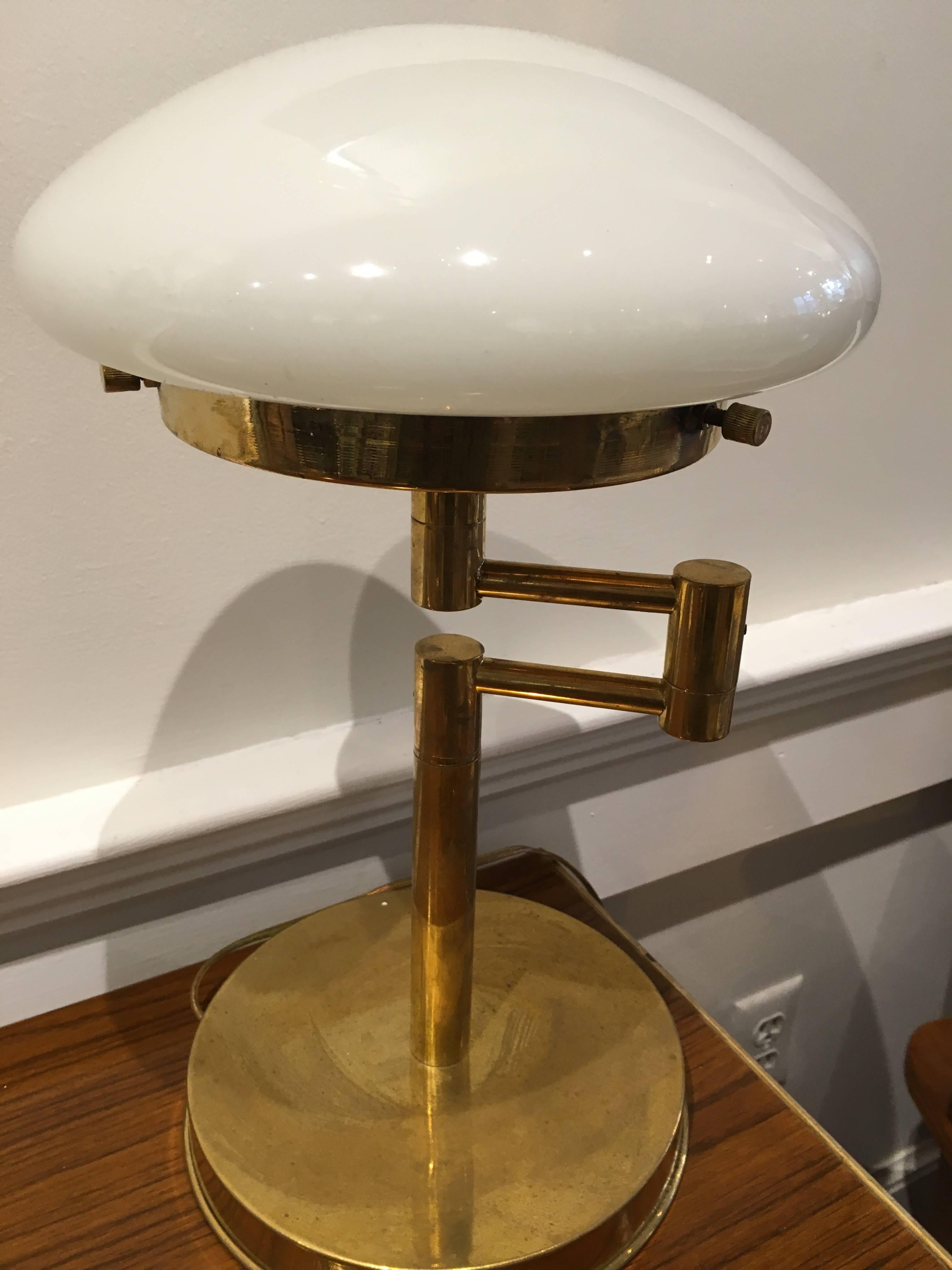 20th Century Pair of Mid-Century Modern Adjustable Brass Table Lamps with Milk Glass Shades