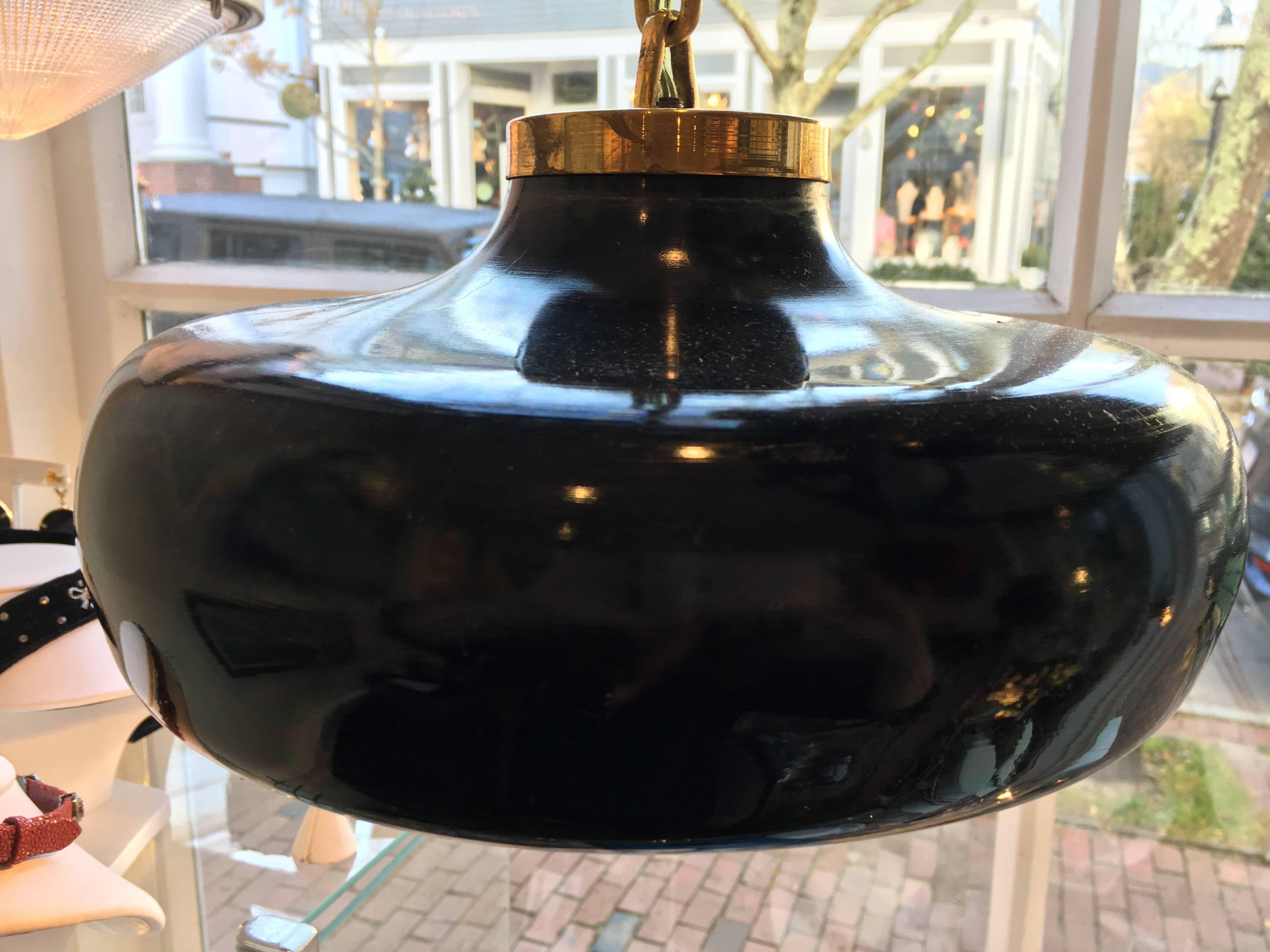 20th Century Pair of Black Ceramic Bowls Converted to Lighting Pendants