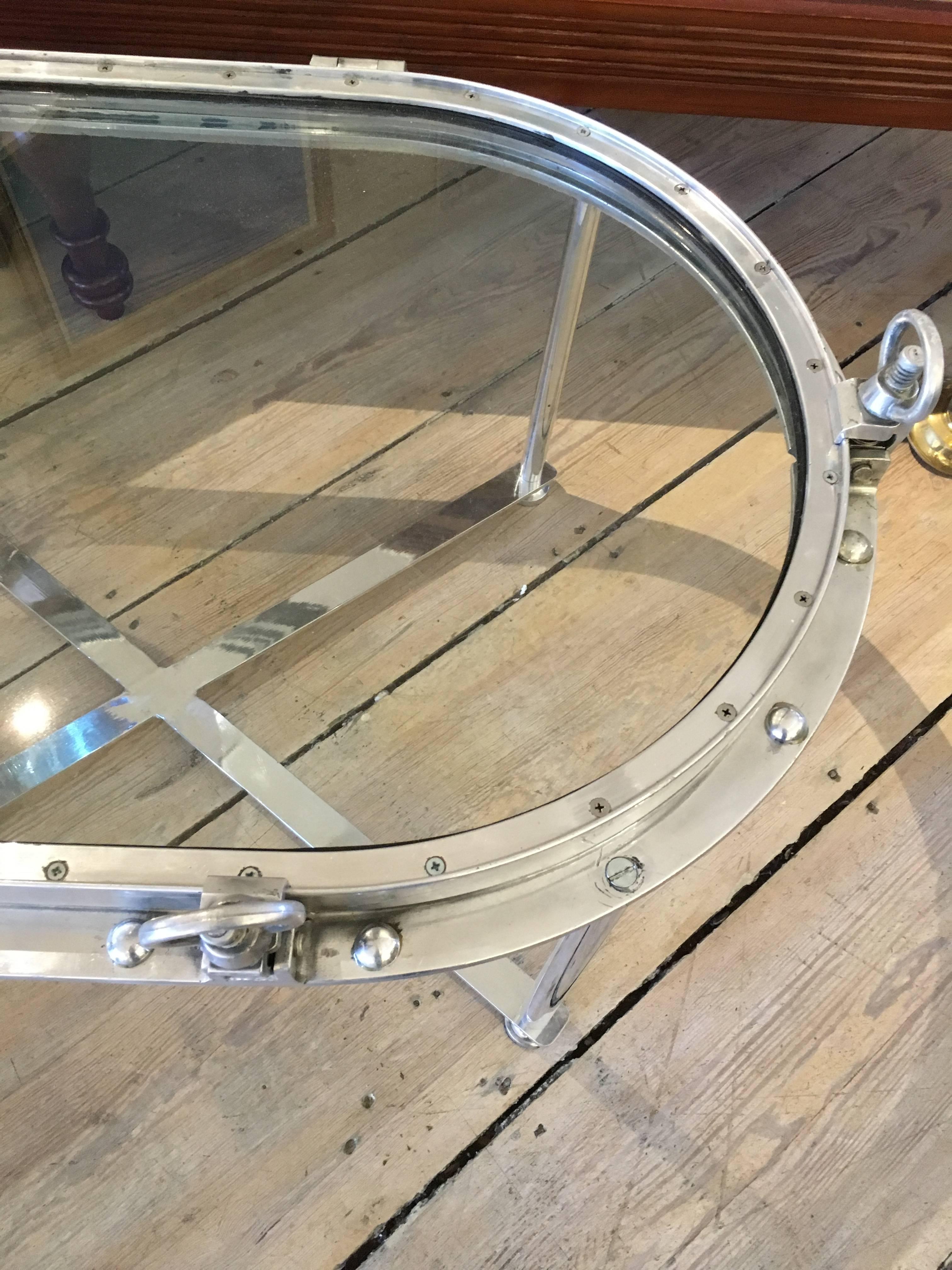 Original Ship's Nautical Porthole Window Converted to Coffee Table In Excellent Condition In Nantucket, MA