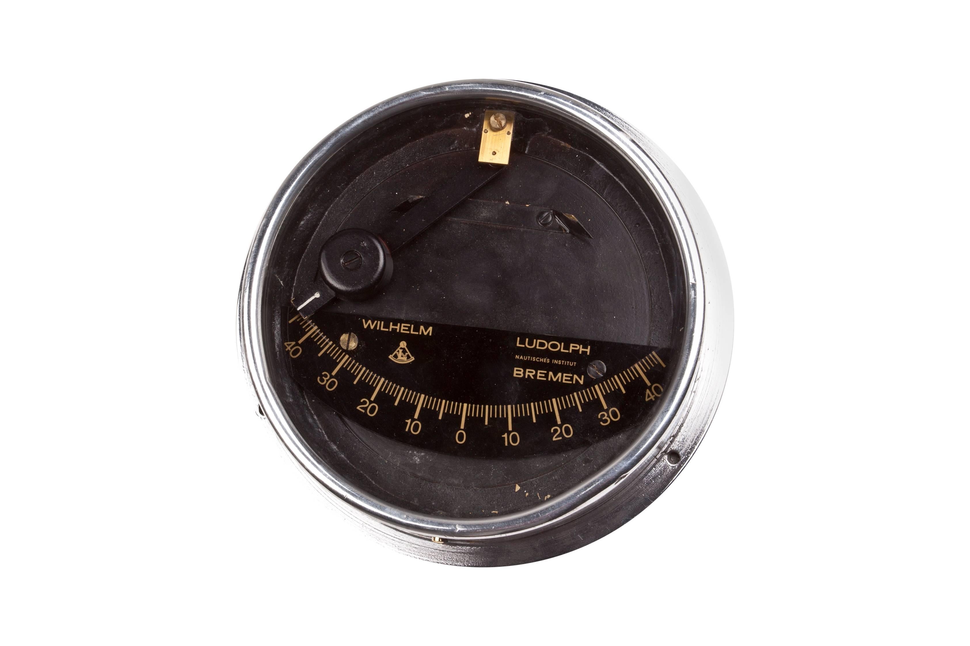 A chrome ship's clinometer made by world-renowned Wilhelm Ludolph/Institut Bremen of Germany and signed as such. These tilt gauges were used on vessels to measure the angular slant of the ship. The readings are important whether underway, but also