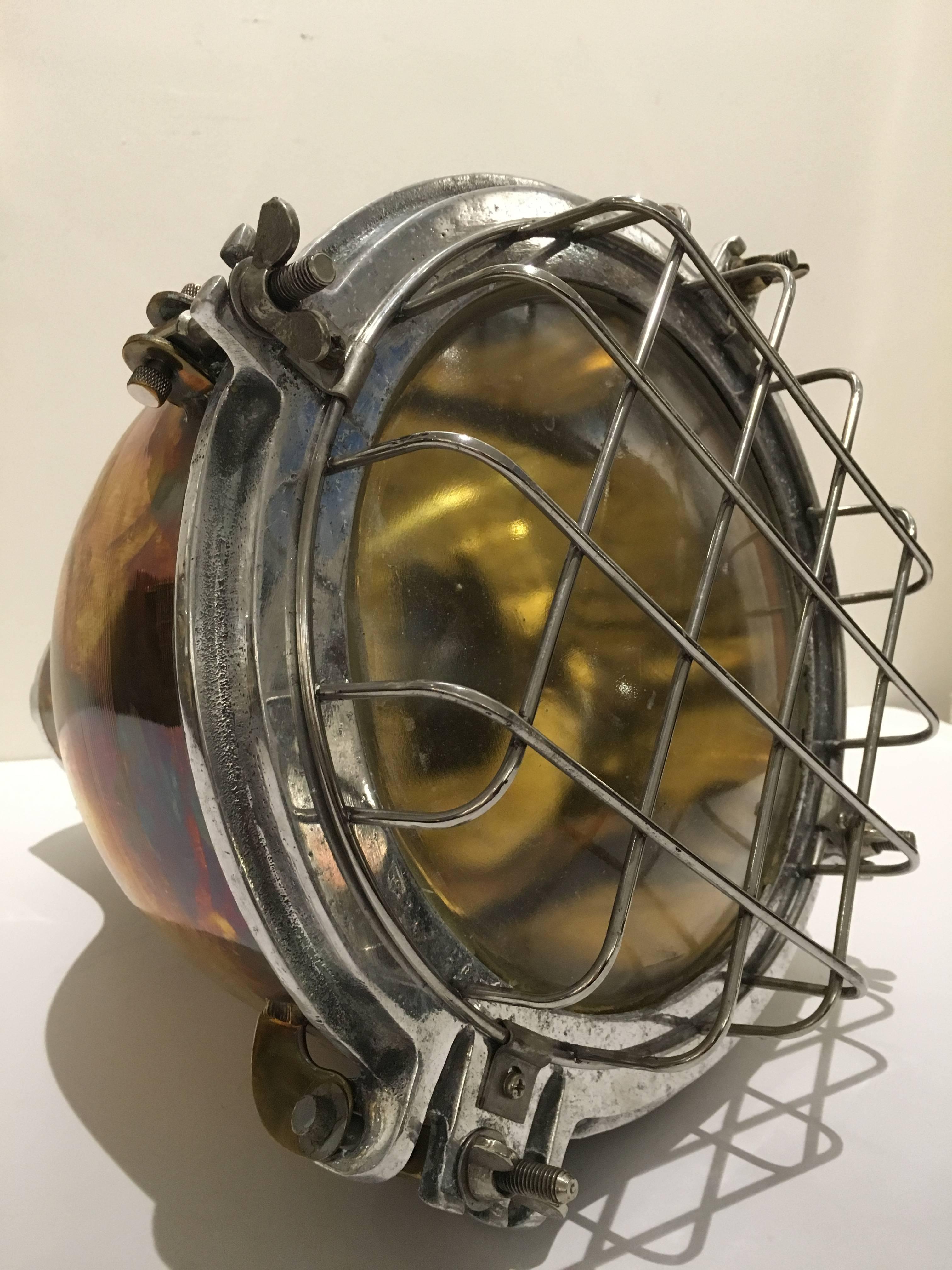 Pair of Ship's Nautical Brass Cargo Lights with Aluminium Cage, 1970s In Good Condition In Nantucket, MA