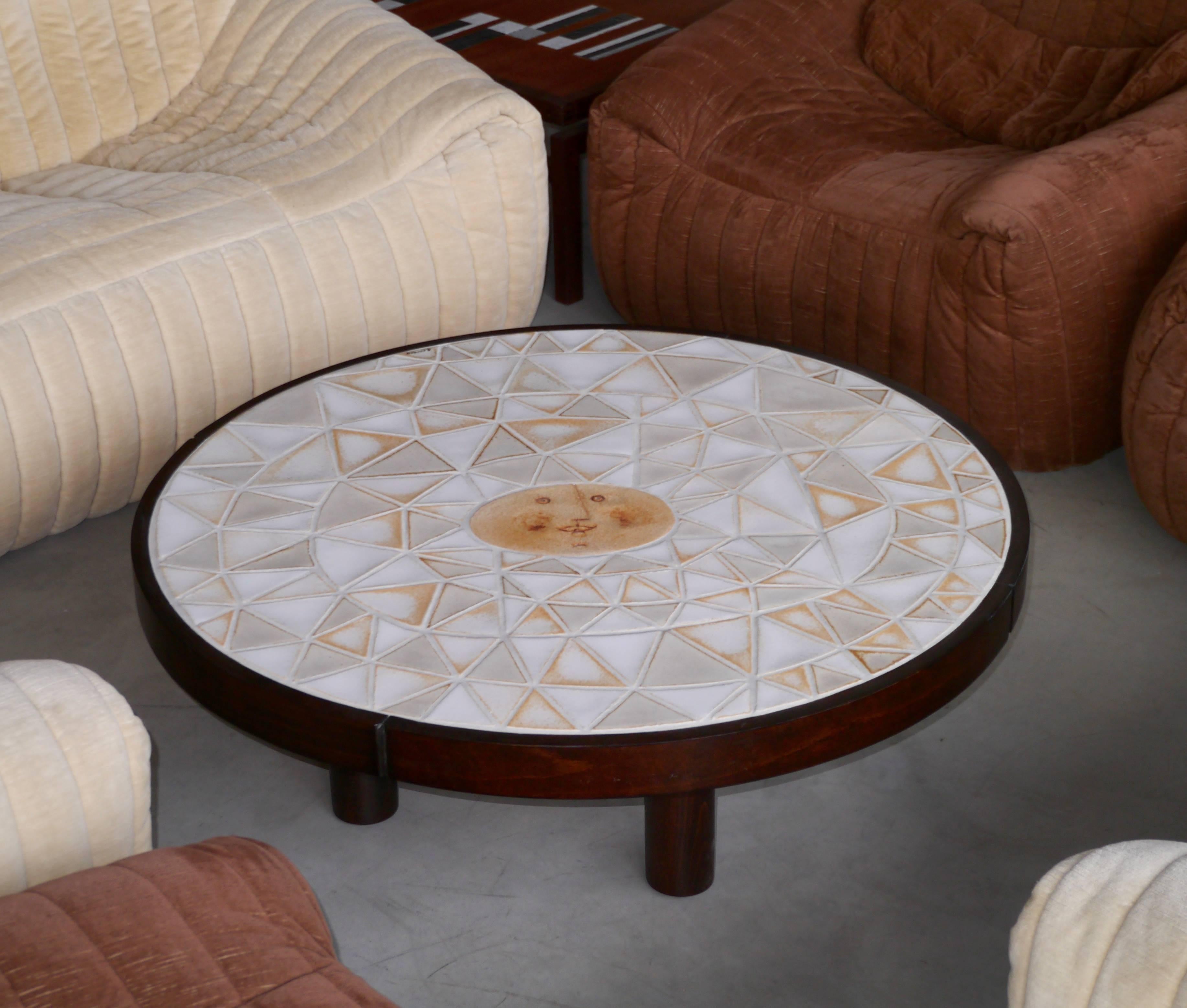 Wood Roger Capron - Exceptional Round Low Table - Vallauris France c. 1980 For Sale