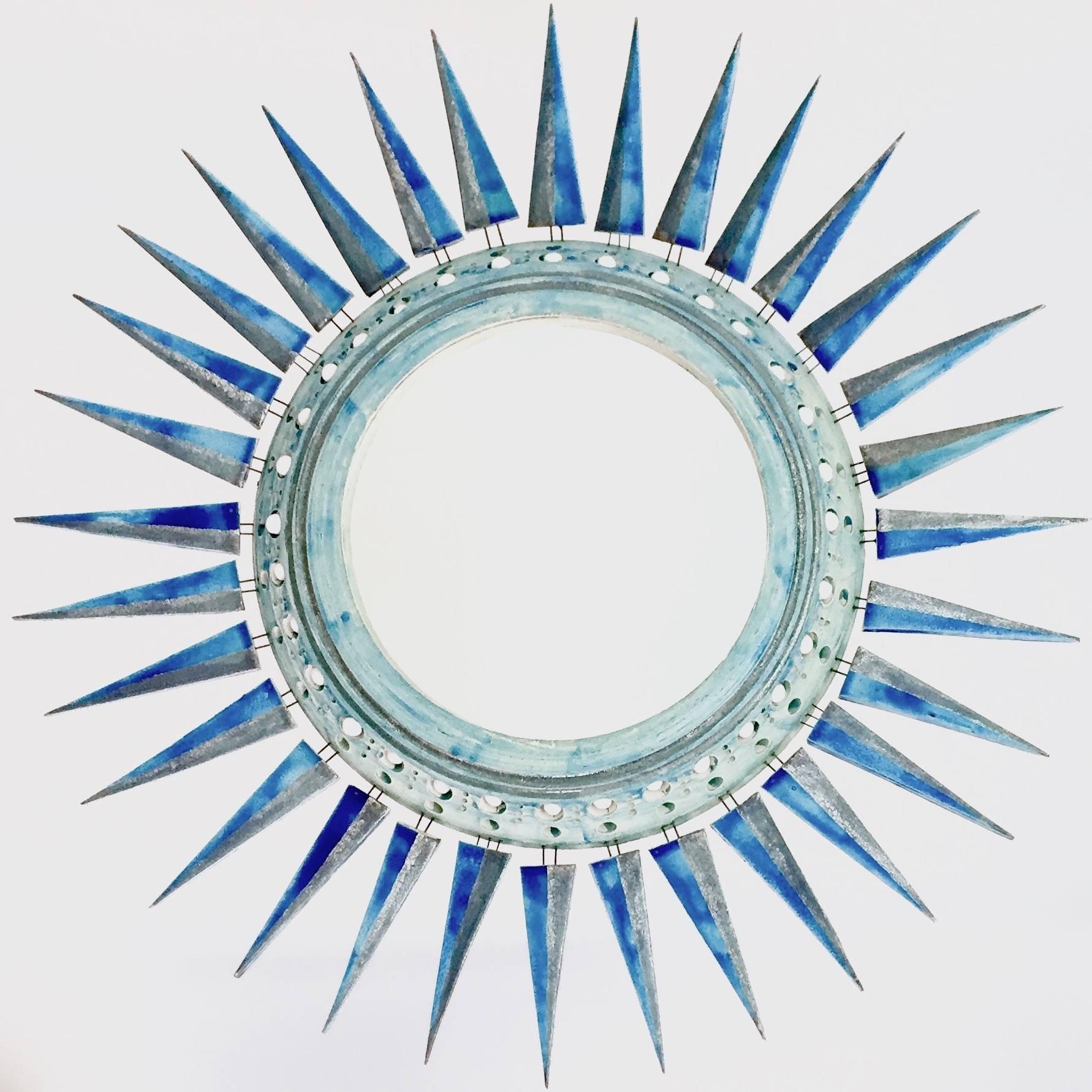 Contemporary Georges Pelletier - Large Sunburst Ceramic Mirror Glazed in Blue