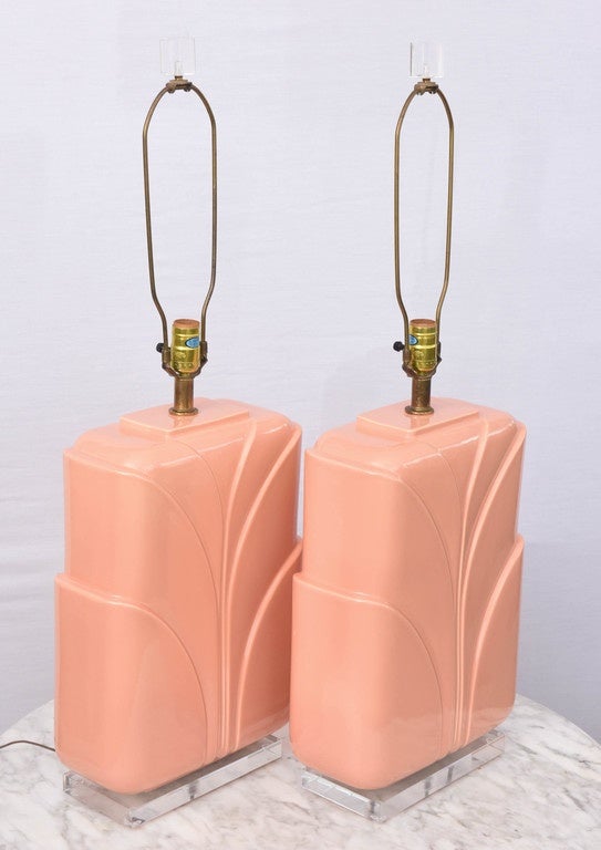 Beautiful (and large) late 60s Hollywood Regency Lucite and Ceramic lamps.  Produced in the US in 1969.