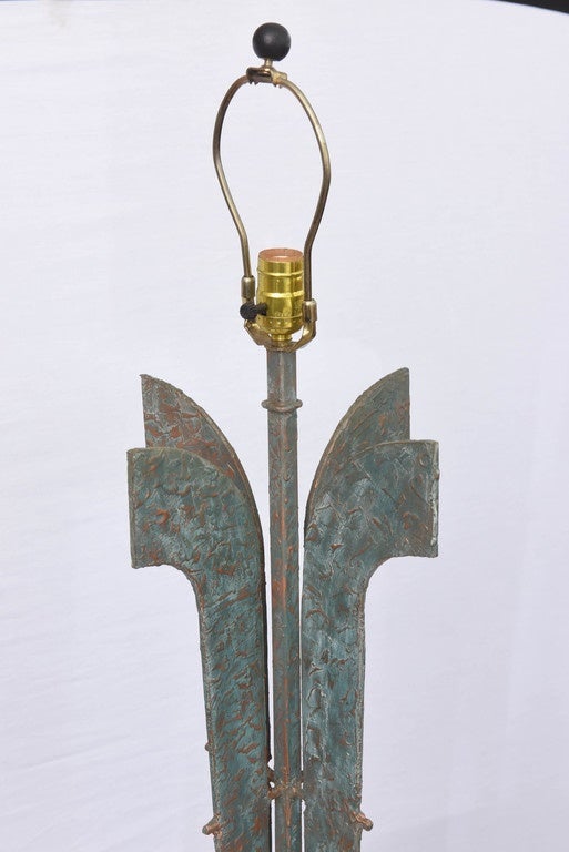 Heavy stone based Brutalist Lamp in Bronze and Iron.  Produced in France early  1970s.
