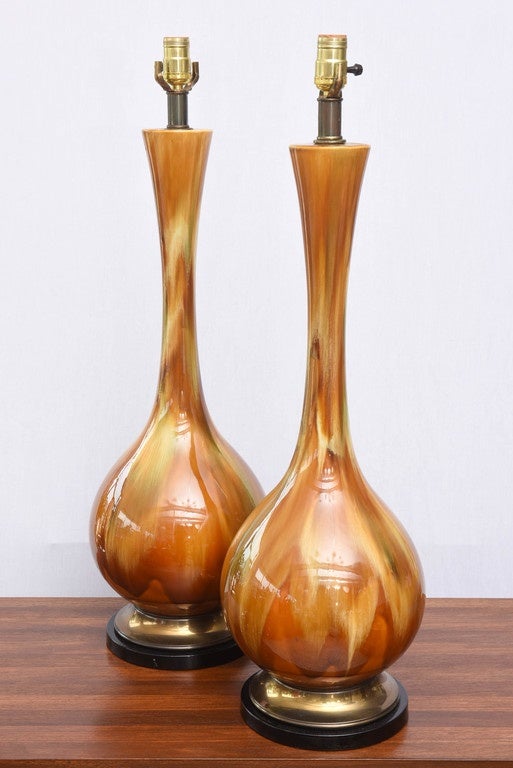 Pair of Monumental Amber Drip Glaze Table Lamps, 1950s USA In Excellent Condition For Sale In Miami, FL