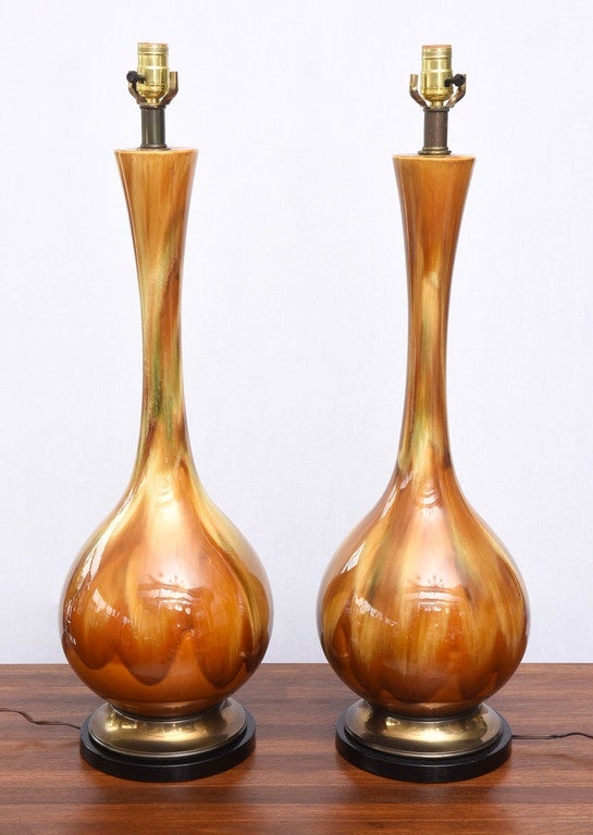 Mid-20th Century Pair of Monumental Amber Drip Glaze Table Lamps, 1950s USA For Sale