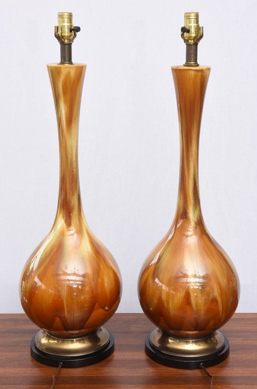 Ceramic Pair of Monumental Amber Drip Glaze Table Lamps, 1950s USA For Sale