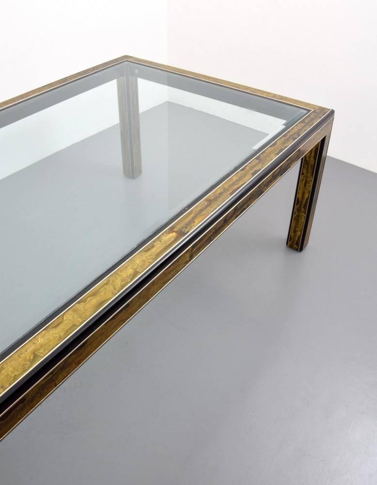 Detailed etched brass and wood dining table in brass and wood by Bernard Rohne for Mastercraft.