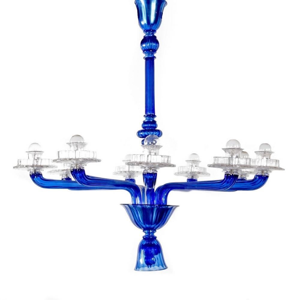 Gorgeous oversized clear and cobalt glass chandelier in the manner of Venini.