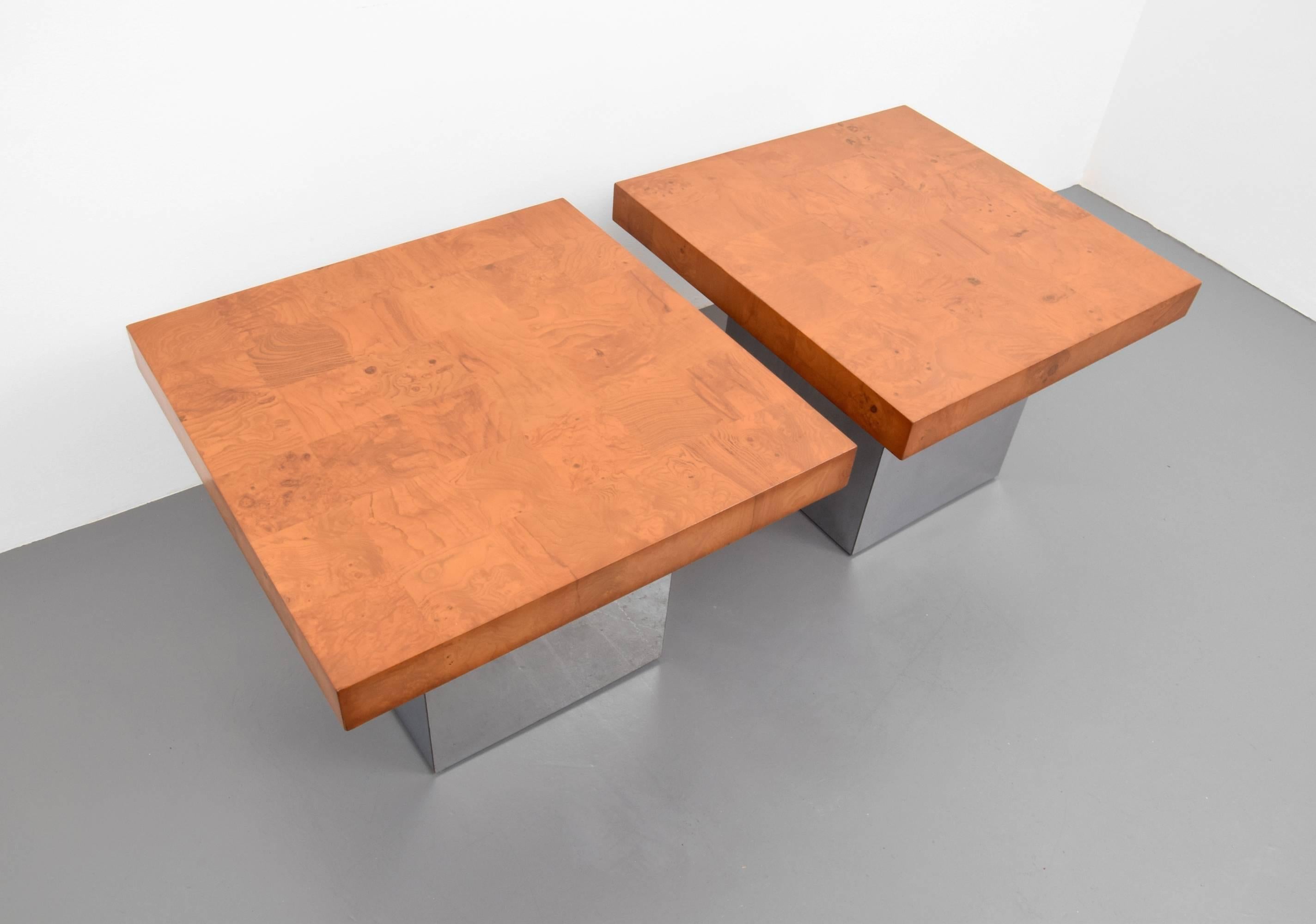 Gorgeous pair Milo Baughman burl wood and chrome end tables. Wood is in excellent shape and chrome is in very good vintage condition.