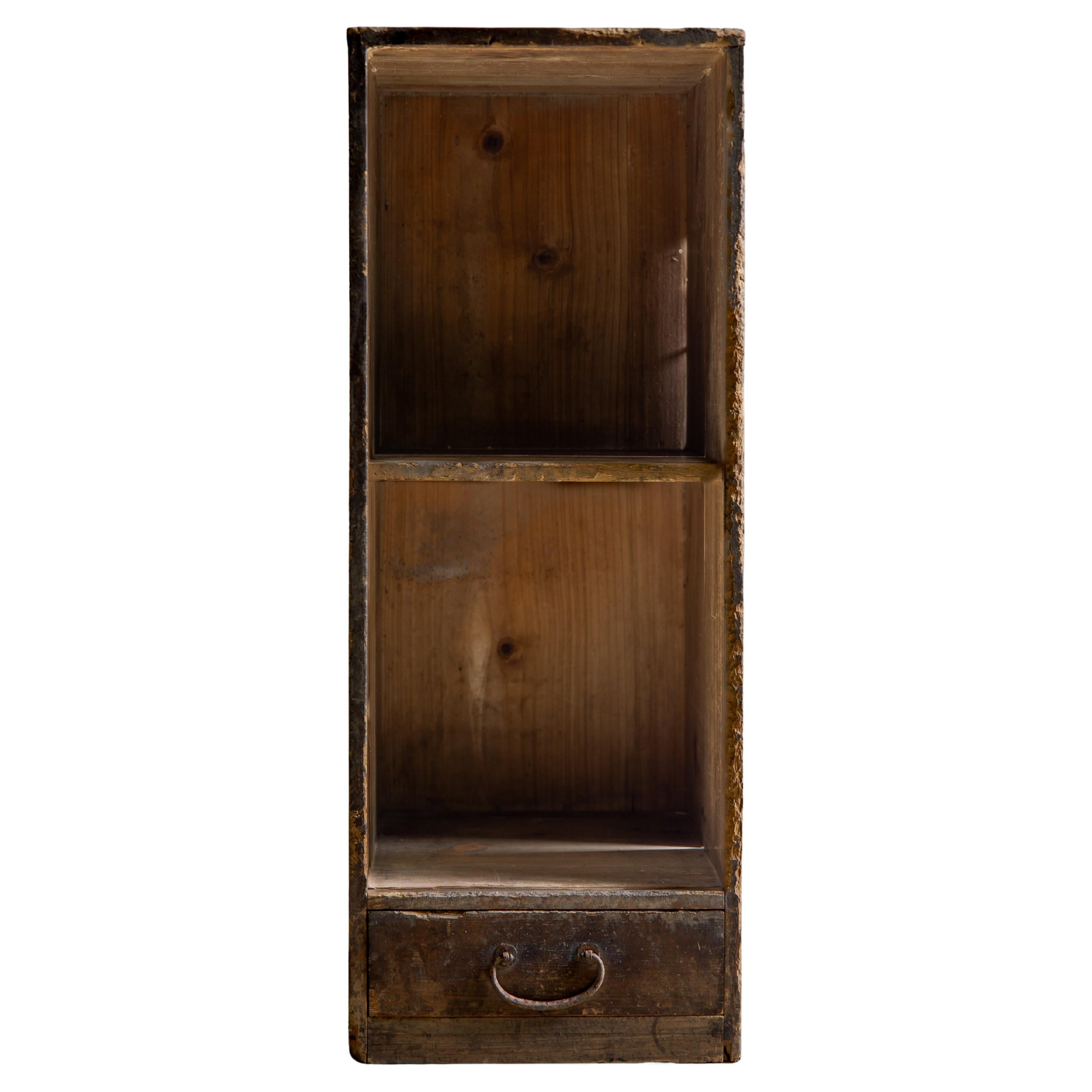 Japanese antique wooden bookcase 1898, Meiji era. wabi sabi small cabinet tansu For Sale
