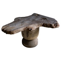 primitive wabi sabi table - solid zelkoba Keyaki tabletop & antique wood mortar