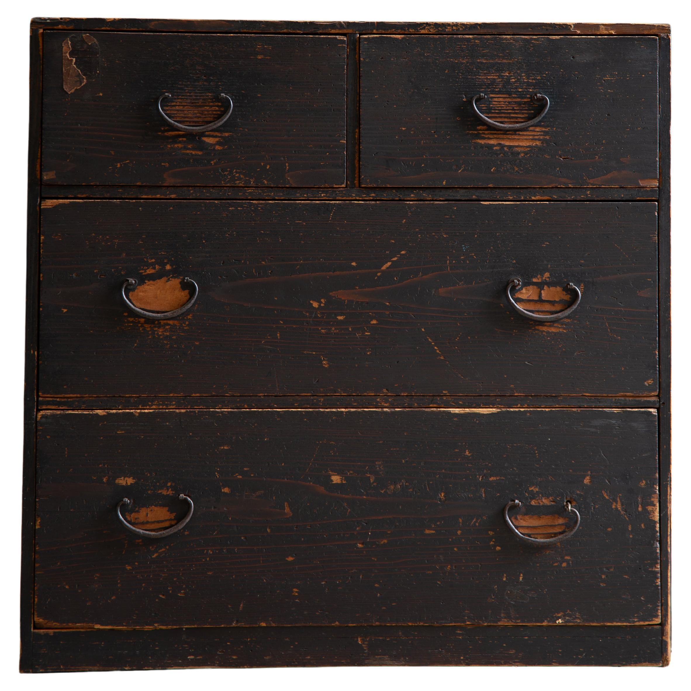 1860s-80s Japanese antique wabi sabi Black Urushi mid Tansu chest of drawers