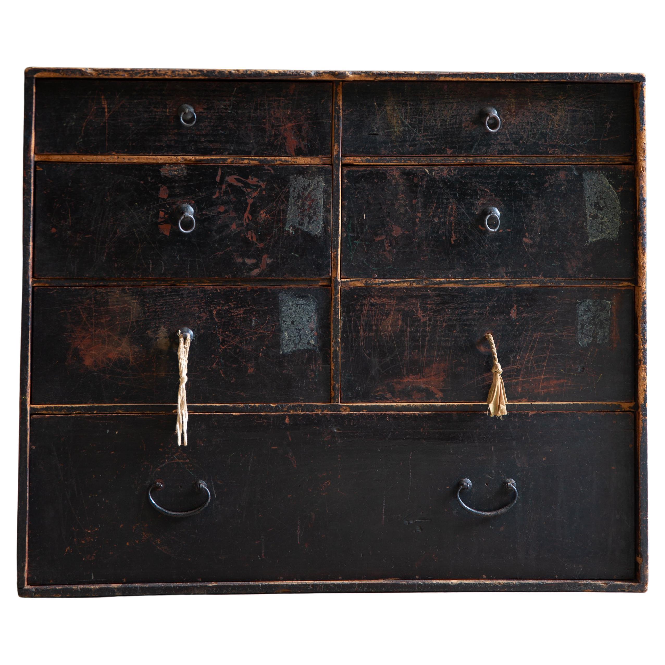 1860s-80s Japanese antique wabi sabi Black Urushi mid Tansu chest of drawers