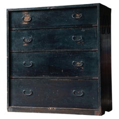 19th C Edo Japanese Antique Mid-Size Black Urushi Tansu Chest with 4 Drawers