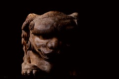 Japanese Antique Hand-Carved Keyaki Wood Komainu Sculpture Early 20th Century