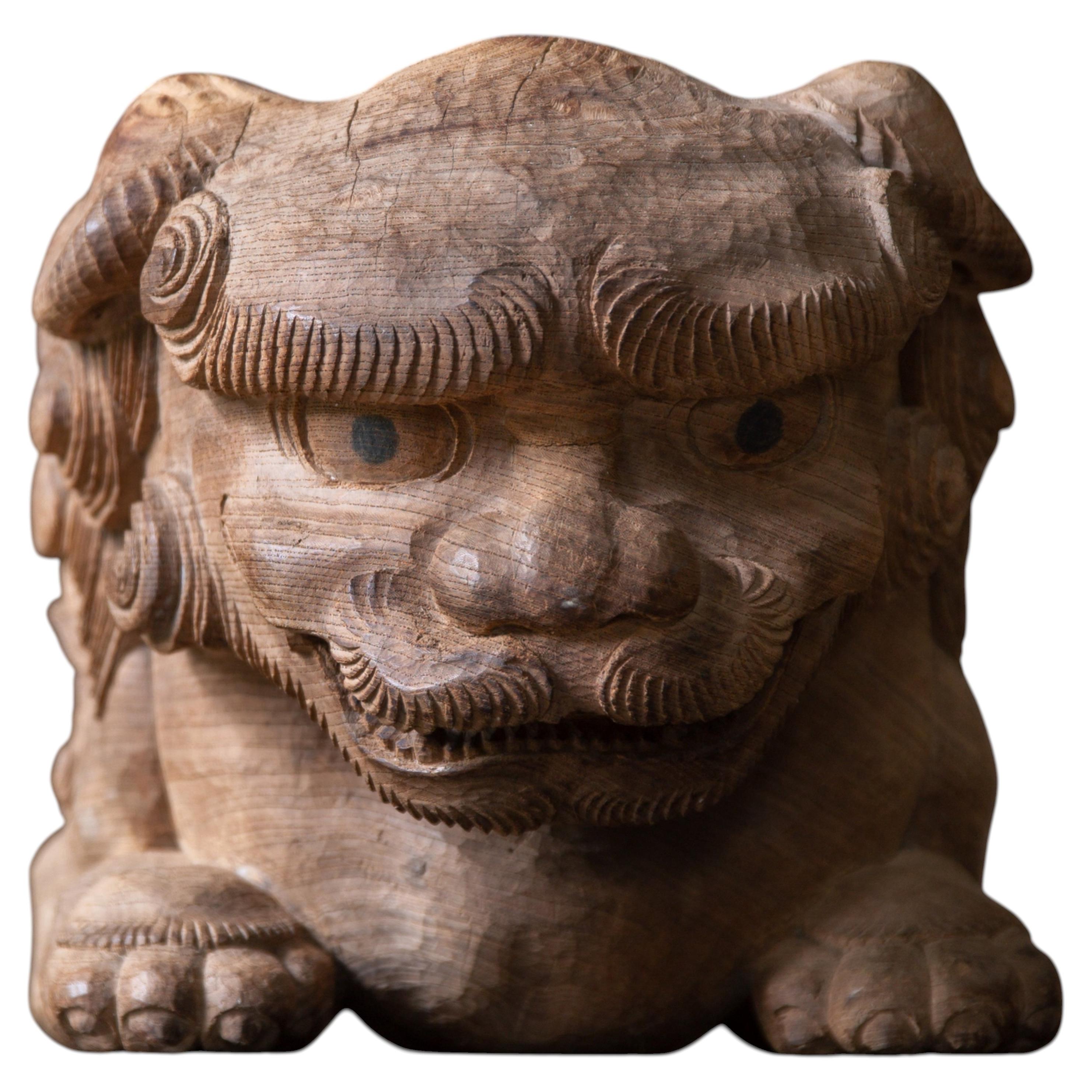 Japanese Antique Hand-Carved Keyaki Wood Komainu Sculpture Early 20th Century For Sale