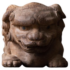 Japanese Antique Hand-Carved Keyaki Wood Komainu Sculpture Early 20th Century