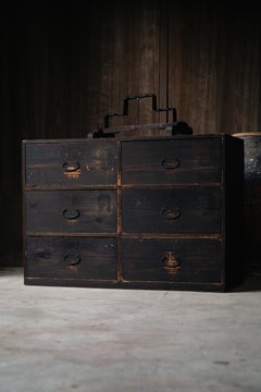 19th C Meiji Japanese Antique Black Tansu Chest with 6 Drawers